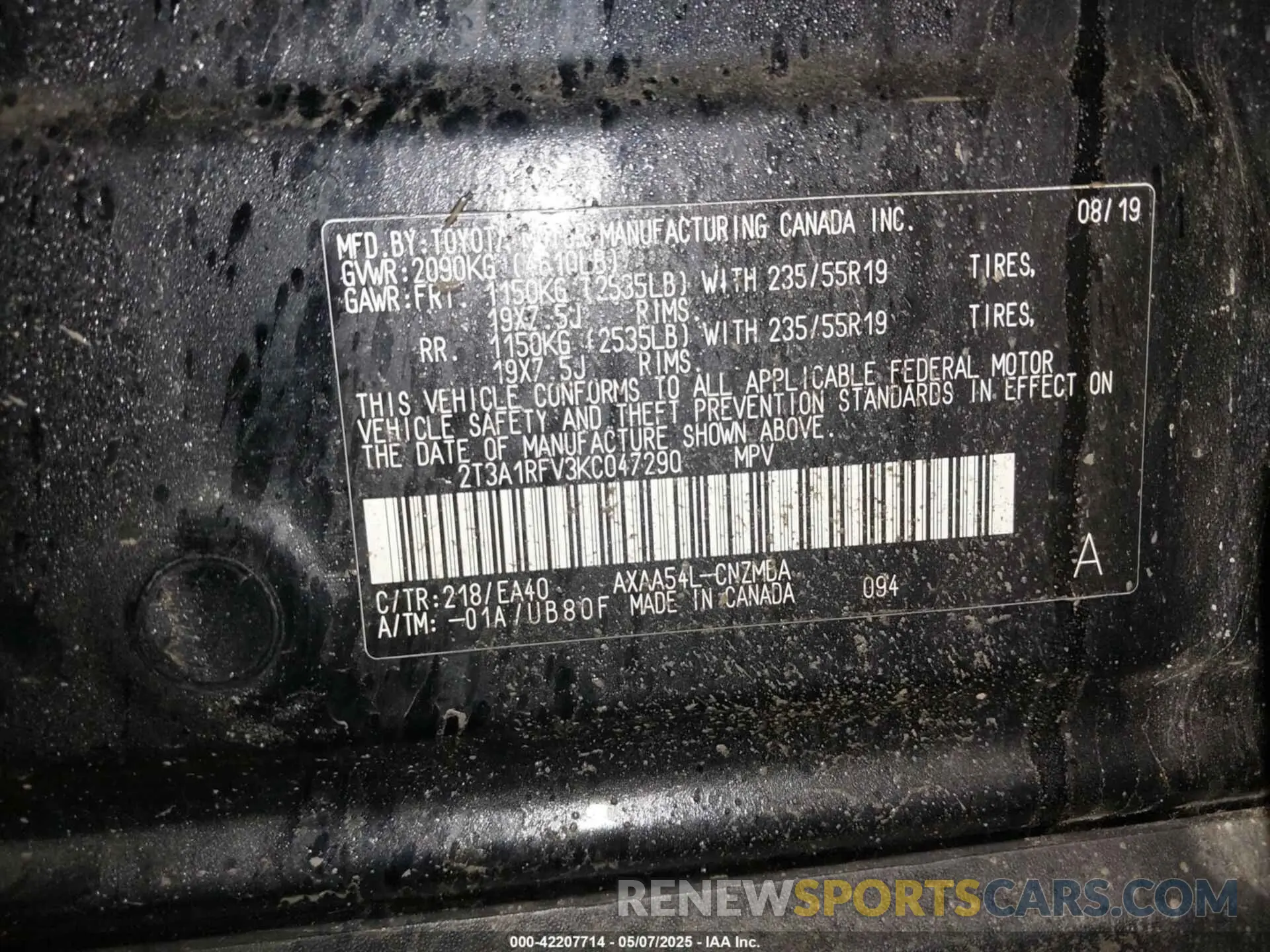 9 fotografías del automóvil dañado 2T3A1RFV3KC047290 TOYOTA RAV4 2019