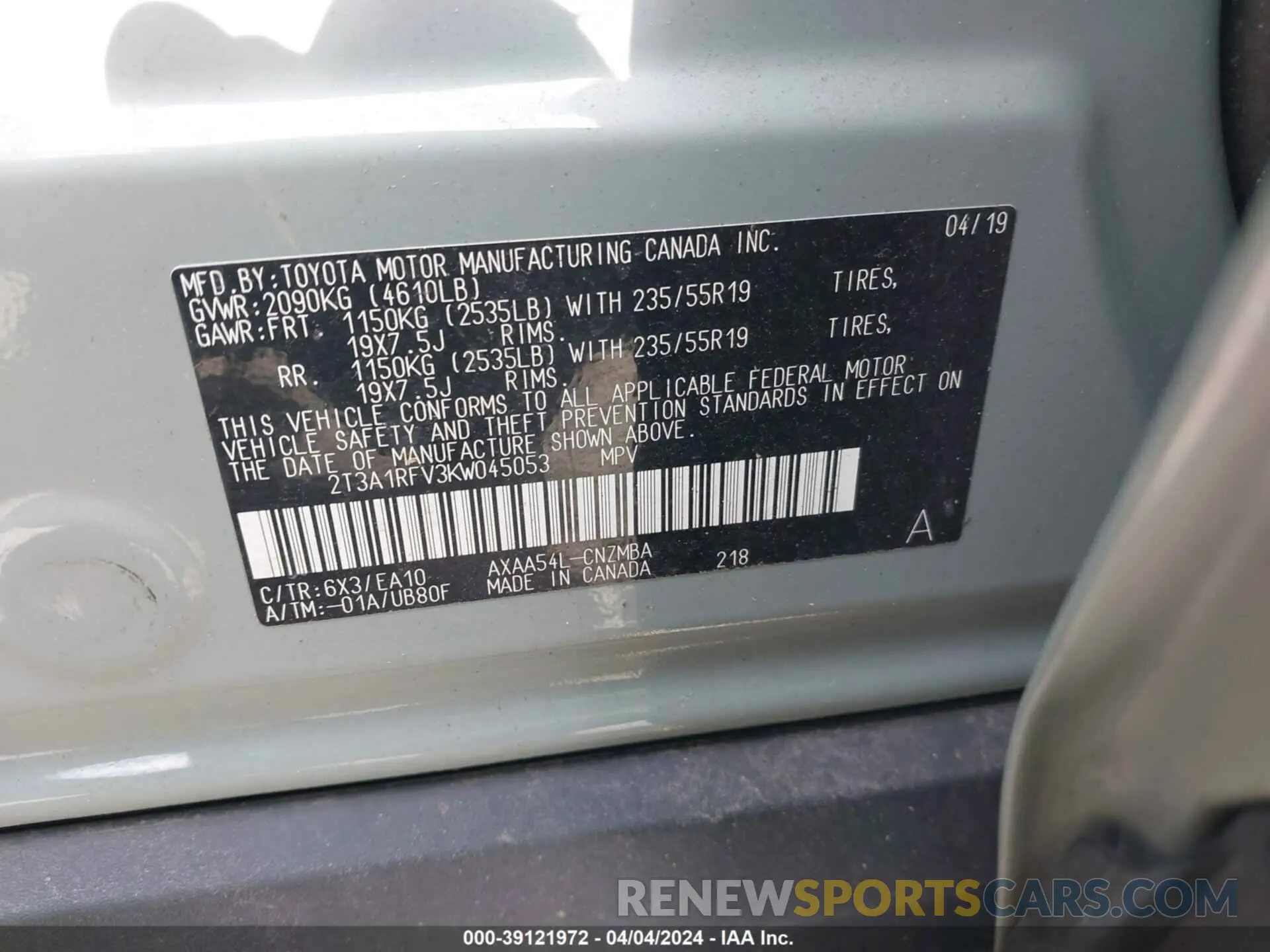 9 fotografías del automóvil dañado 2T3A1RFV3KW045053 TOYOTA RAV4 2019