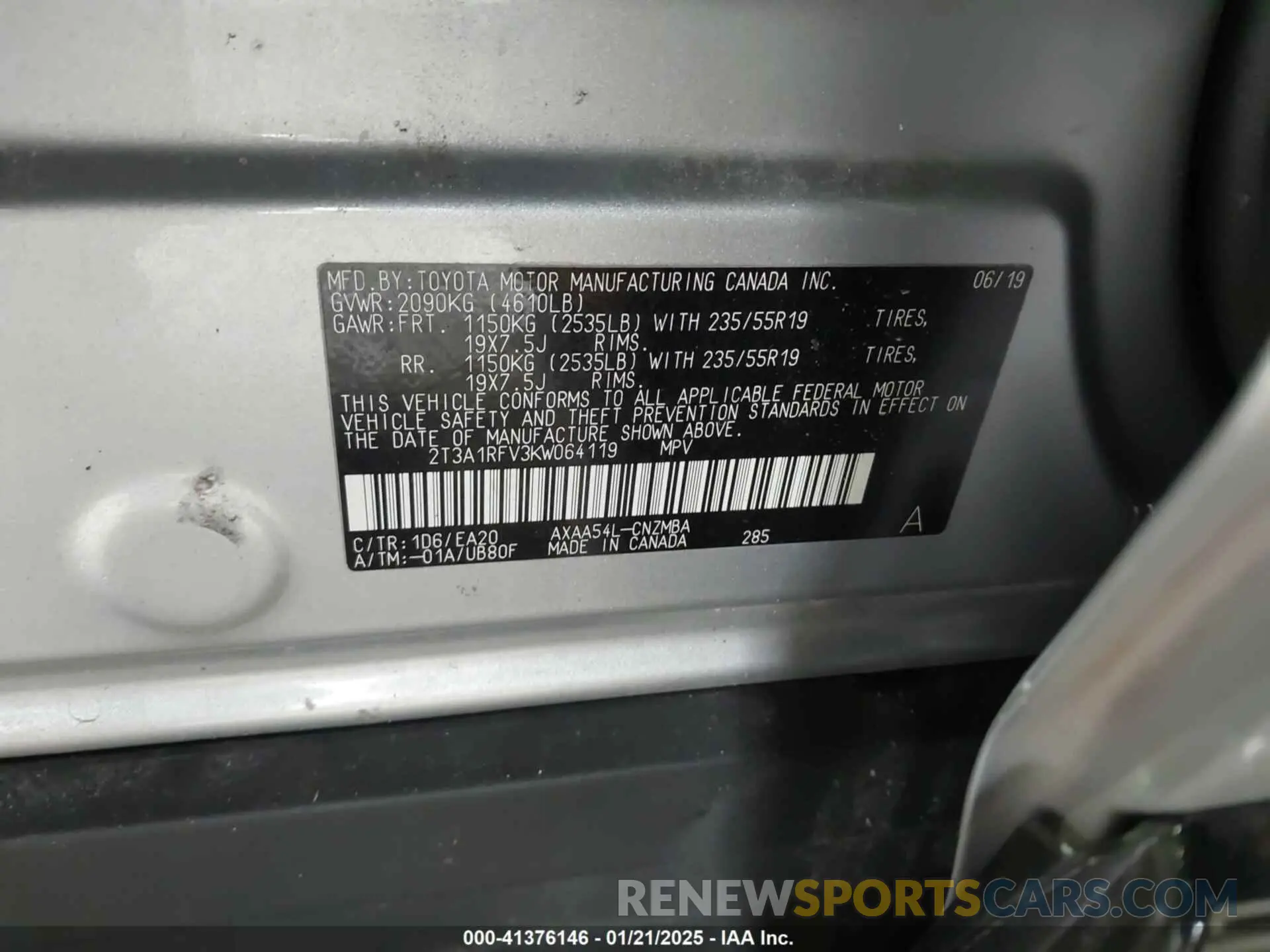 9 fotografías del automóvil dañado 2T3A1RFV3KW064119 TOYOTA RAV4 2019