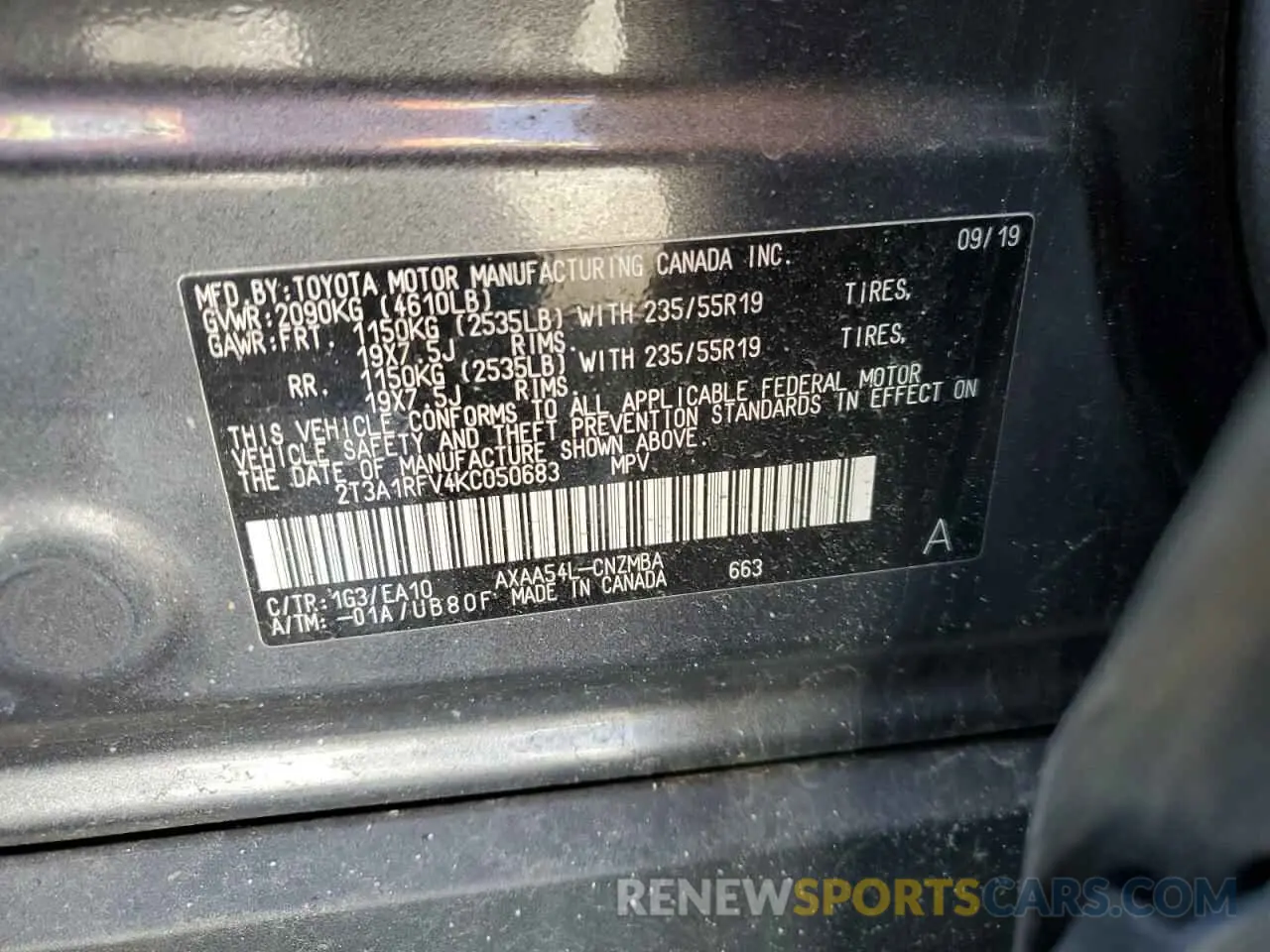 15 fotografías del automóvil dañado 2T3A1RFV4KC050683 TOYOTA RAV4 2019