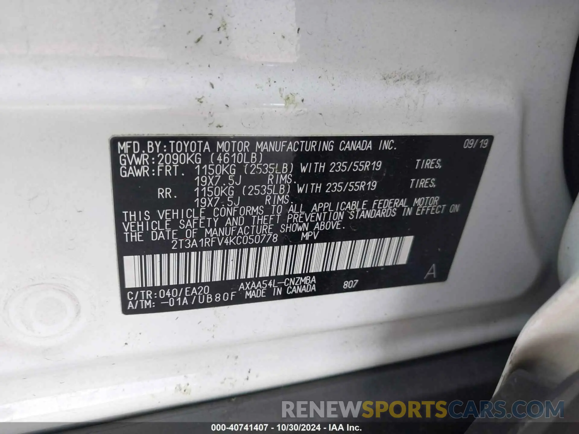 9 fotografías del automóvil dañado 2T3A1RFV4KC050778 TOYOTA RAV4 2019