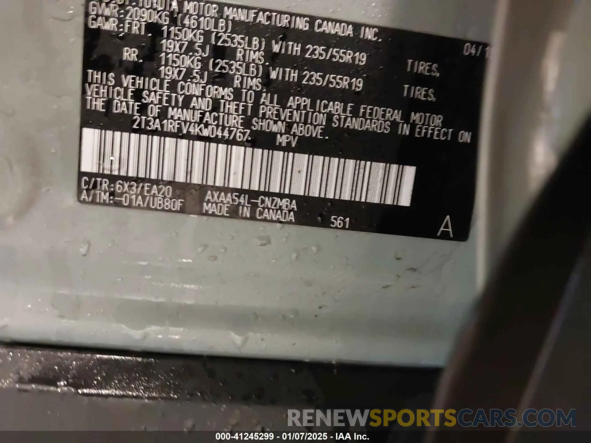 9 fotografías del automóvil dañado 2T3A1RFV4KW044767 TOYOTA RAV4 2019