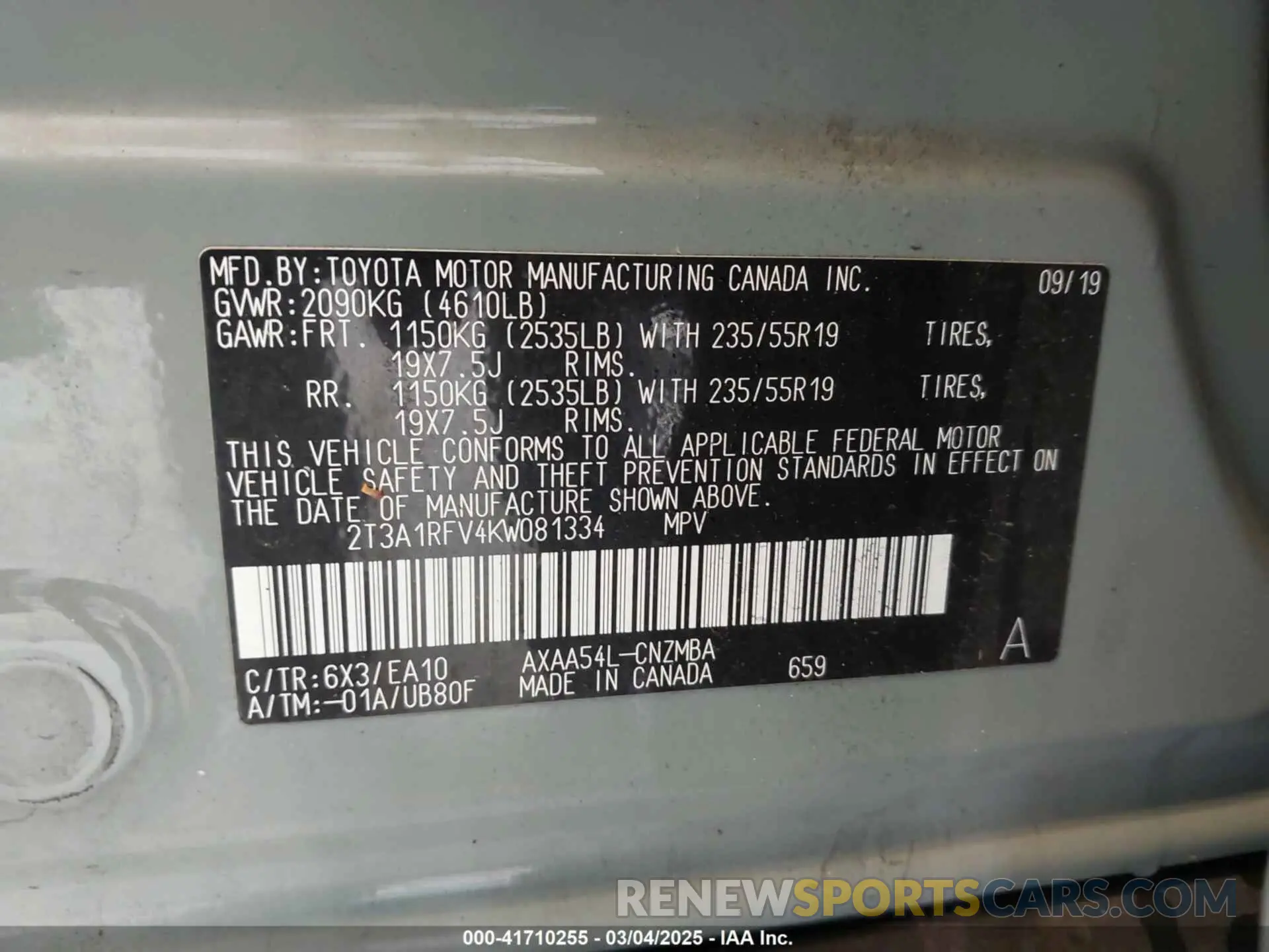 9 fotografías del automóvil dañado 2T3A1RFV4KW081334 TOYOTA RAV4 2019
