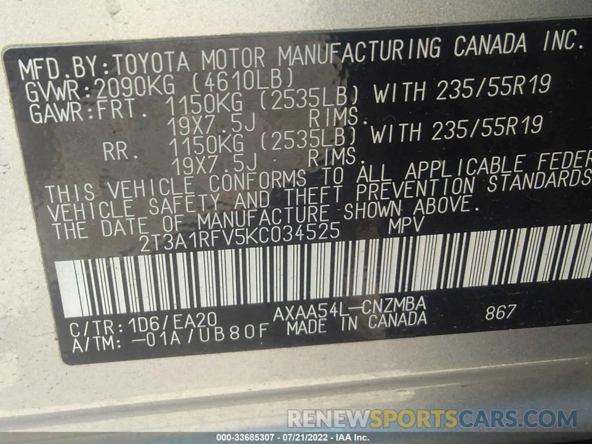 9 fotografías del automóvil dañado 2T3A1RFV5KC034525 TOYOTA RAV4 2019