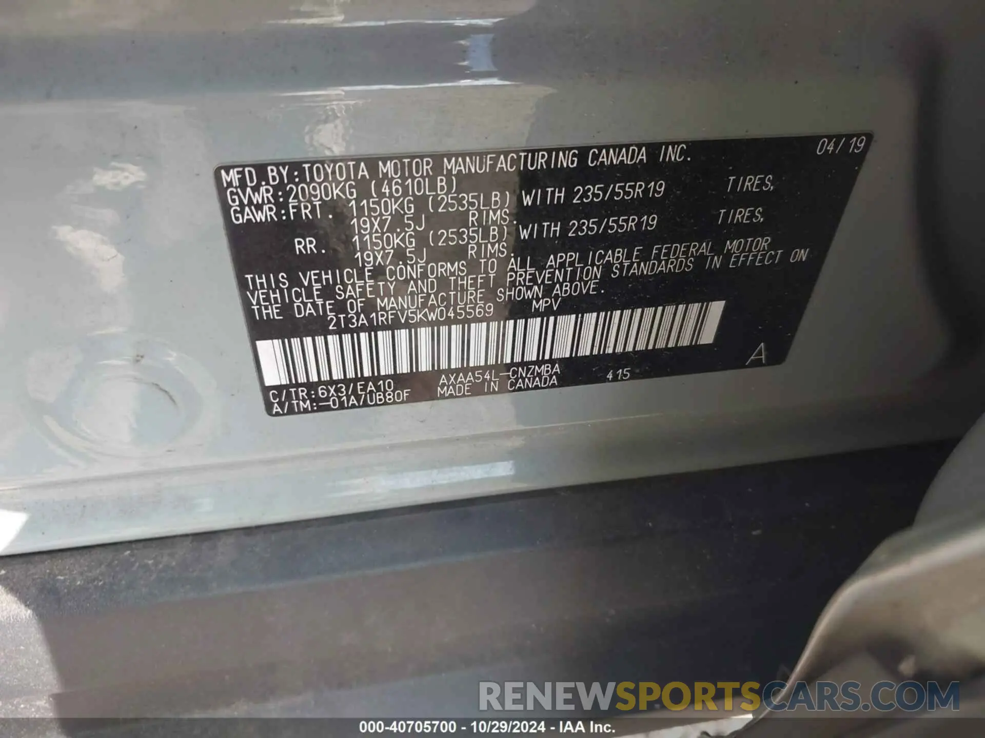 9 fotografías del automóvil dañado 2T3A1RFV5KW045569 TOYOTA RAV4 2019