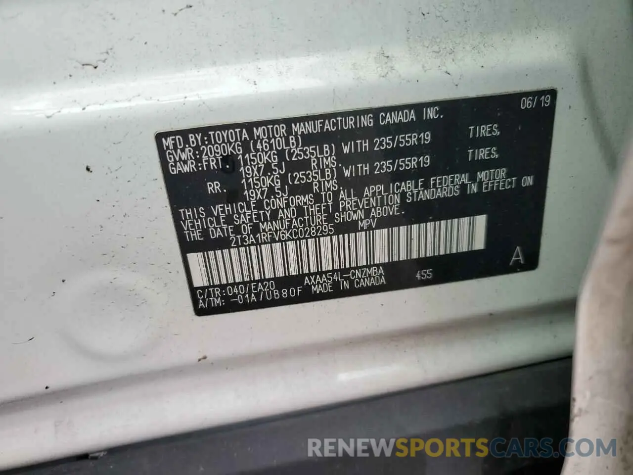 13 fotografías del automóvil dañado 2T3A1RFV6KC028295 TOYOTA RAV4 2019