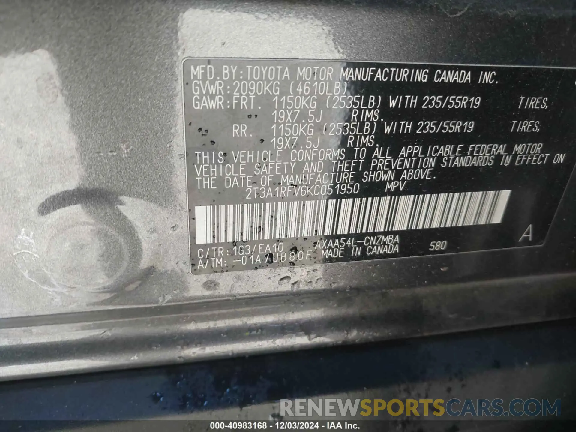 9 fotografías del automóvil dañado 2T3A1RFV6KC051950 TOYOTA RAV4 2019
