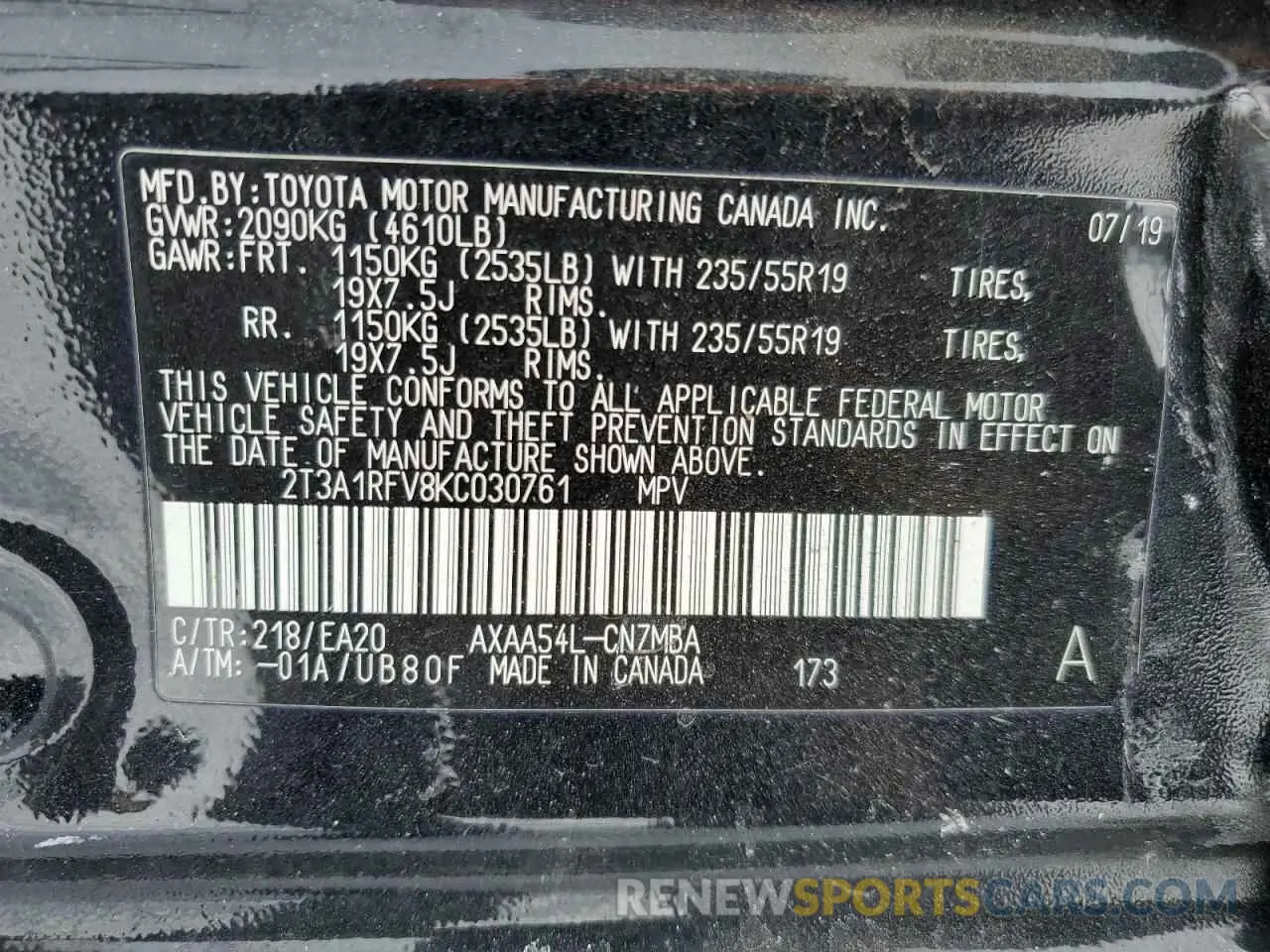 15 fotografías del automóvil dañado 2T3A1RFV8KC030761 TOYOTA RAV4 2019