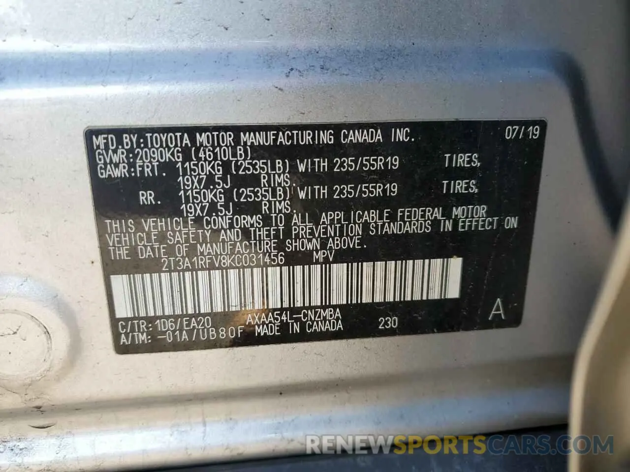 13 fotografías del automóvil dañado 2T3A1RFV8KC031456 TOYOTA RAV4 2019