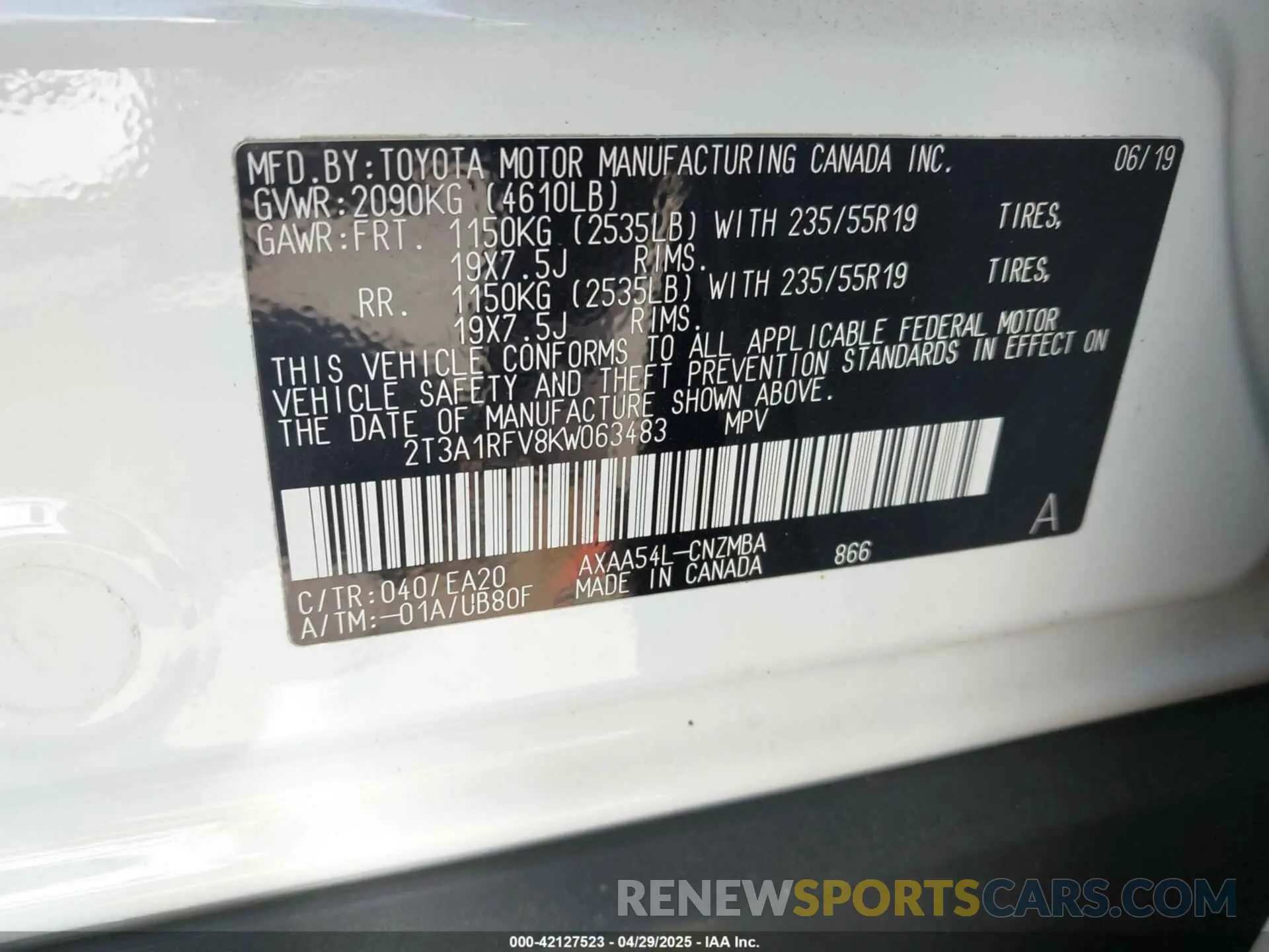 9 fotografías del automóvil dañado 2T3A1RFV8KW063483 TOYOTA RAV4 2019