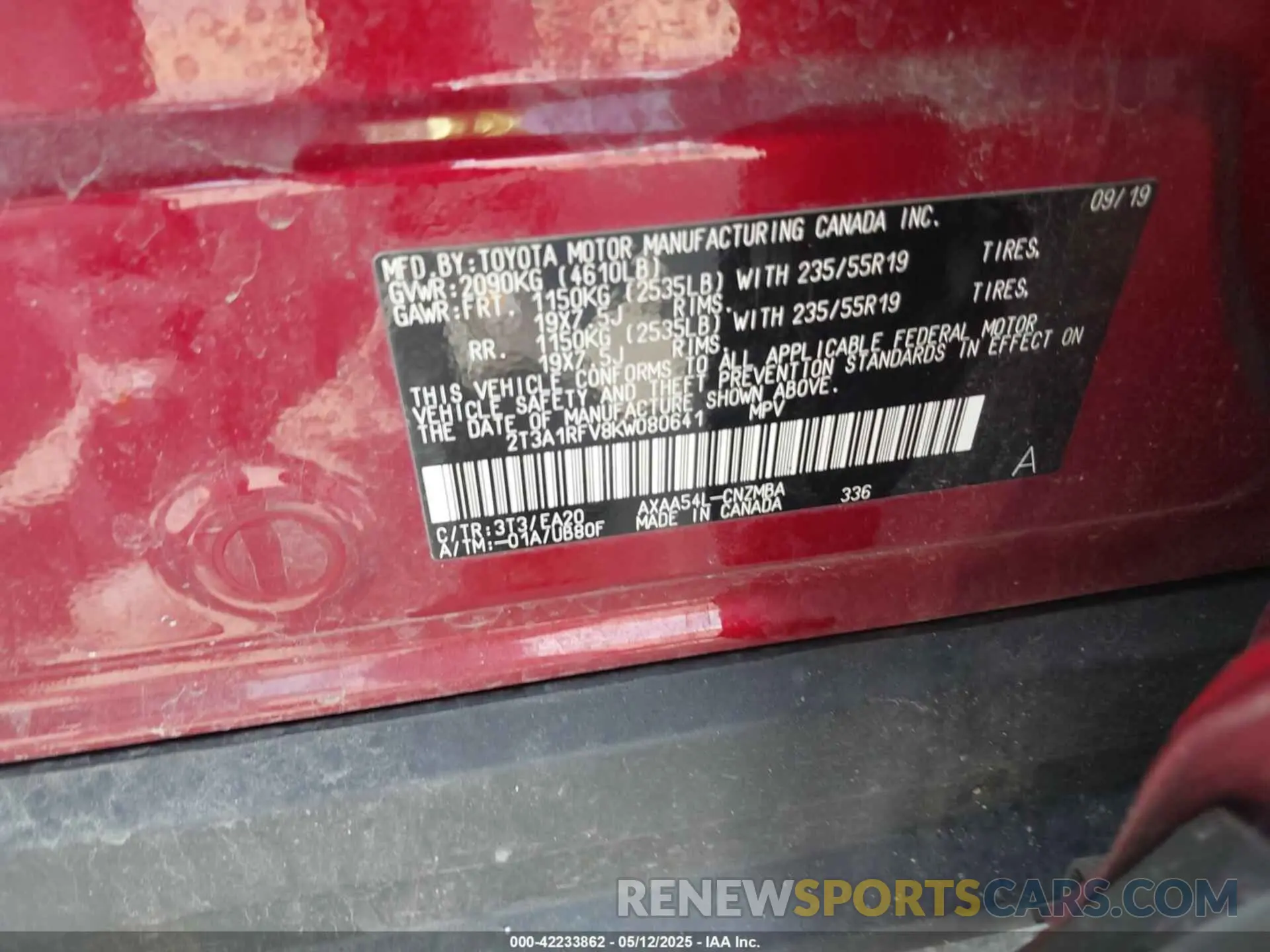 9 fotografías del automóvil dañado 2T3A1RFV8KW080641 TOYOTA RAV4 2019