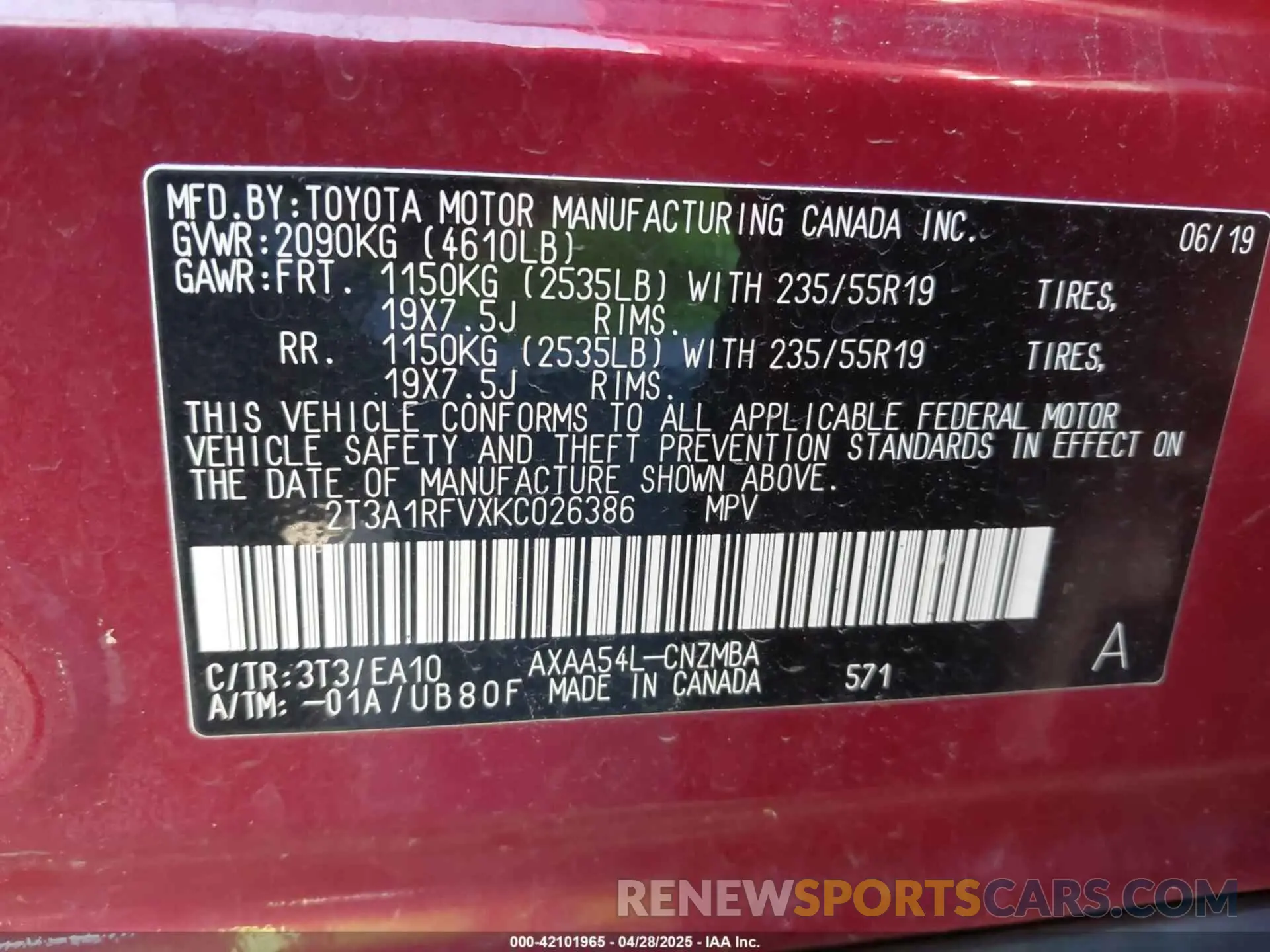 9 fotografías del automóvil dañado 2T3A1RFVXKC026386 TOYOTA RAV4 2019