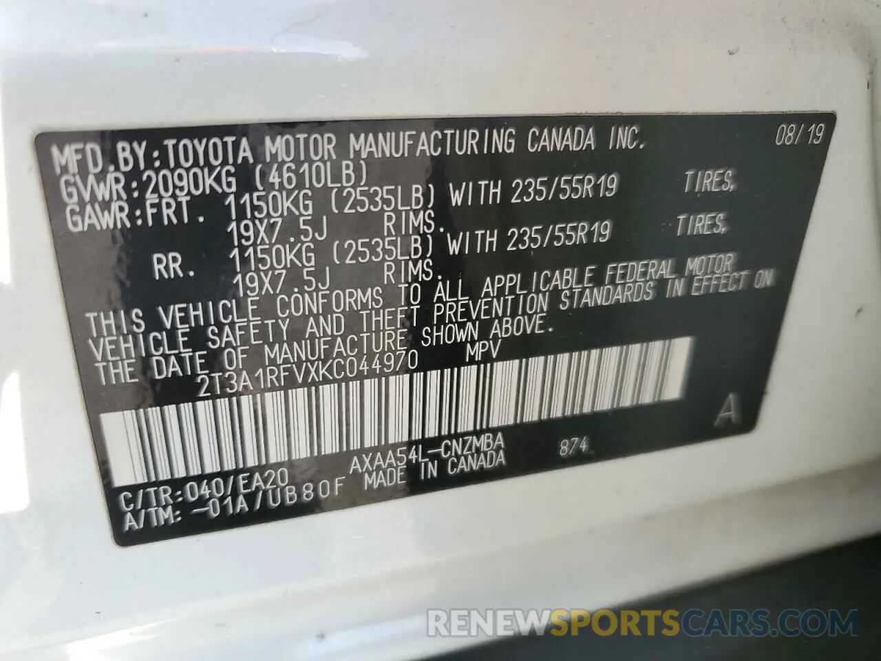 13 fotografías del automóvil dañado 2T3A1RFVXKC044970 TOYOTA RAV4 2019