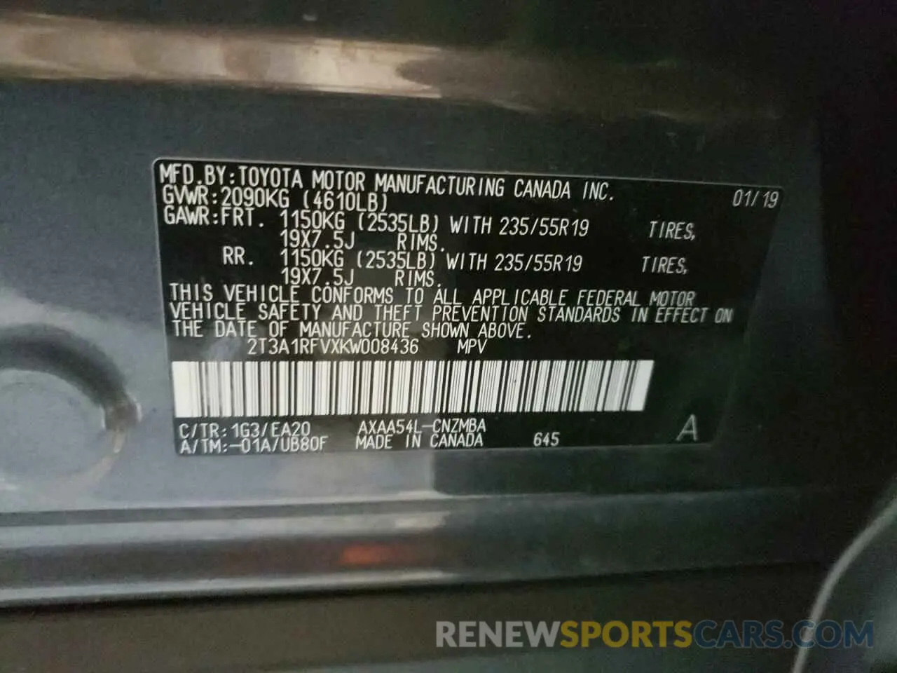 10 fotografías del automóvil dañado 2T3A1RFVXKW008436 TOYOTA RAV4 2019