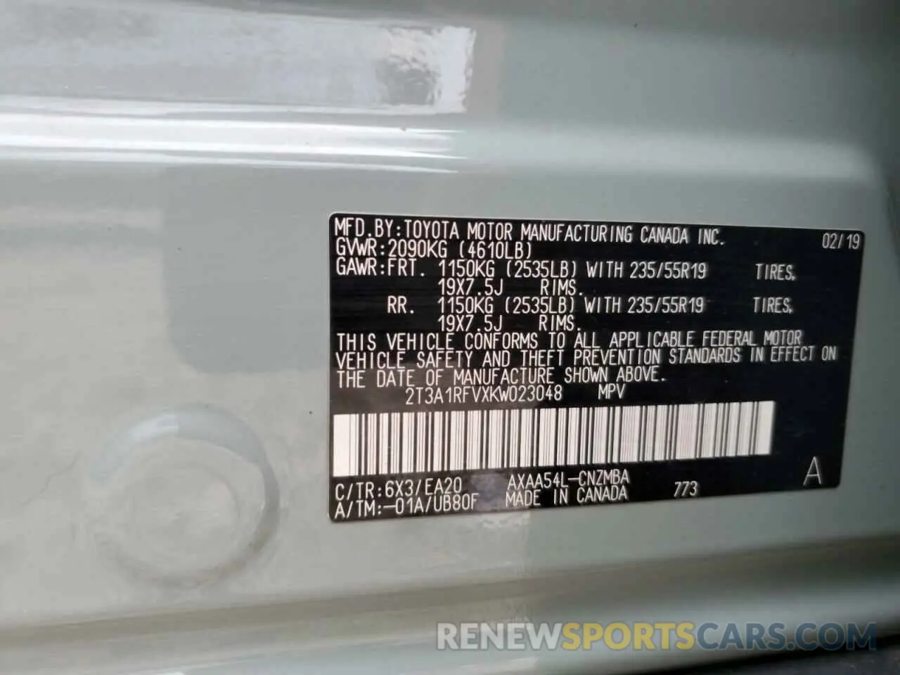 12 fotografías del automóvil dañado 2T3A1RFVXKW023048 TOYOTA RAV4 2019