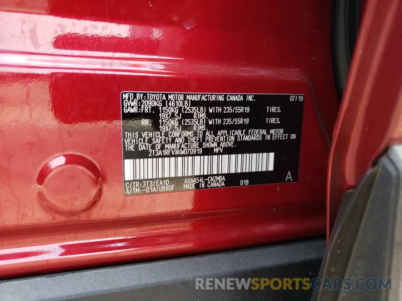 10 fotografías del automóvil dañado 2T3A1RFVXKW070919 TOYOTA RAV4 2019