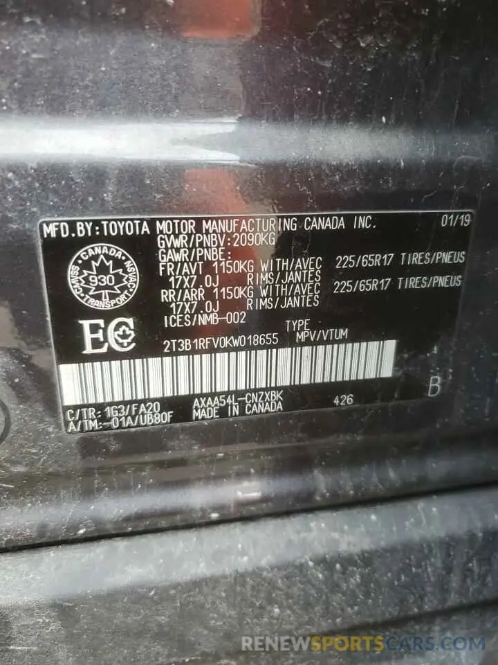 13 fotografías del automóvil dañado 2T3B1RFV0KW018655 TOYOTA RAV4 2019