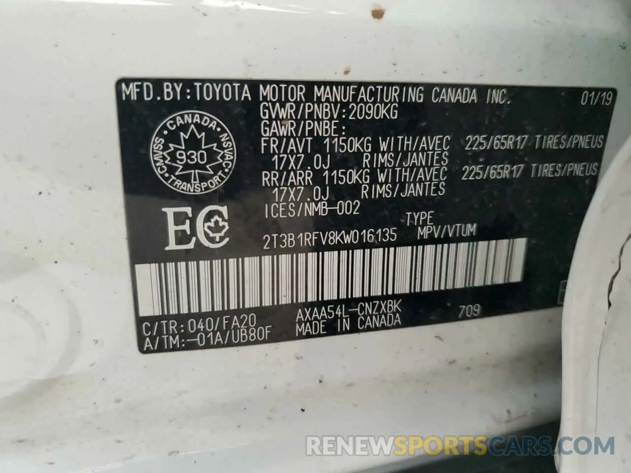 14 fotografías del automóvil dañado 2T3B1RFV8KW016135 TOYOTA RAV4 2019