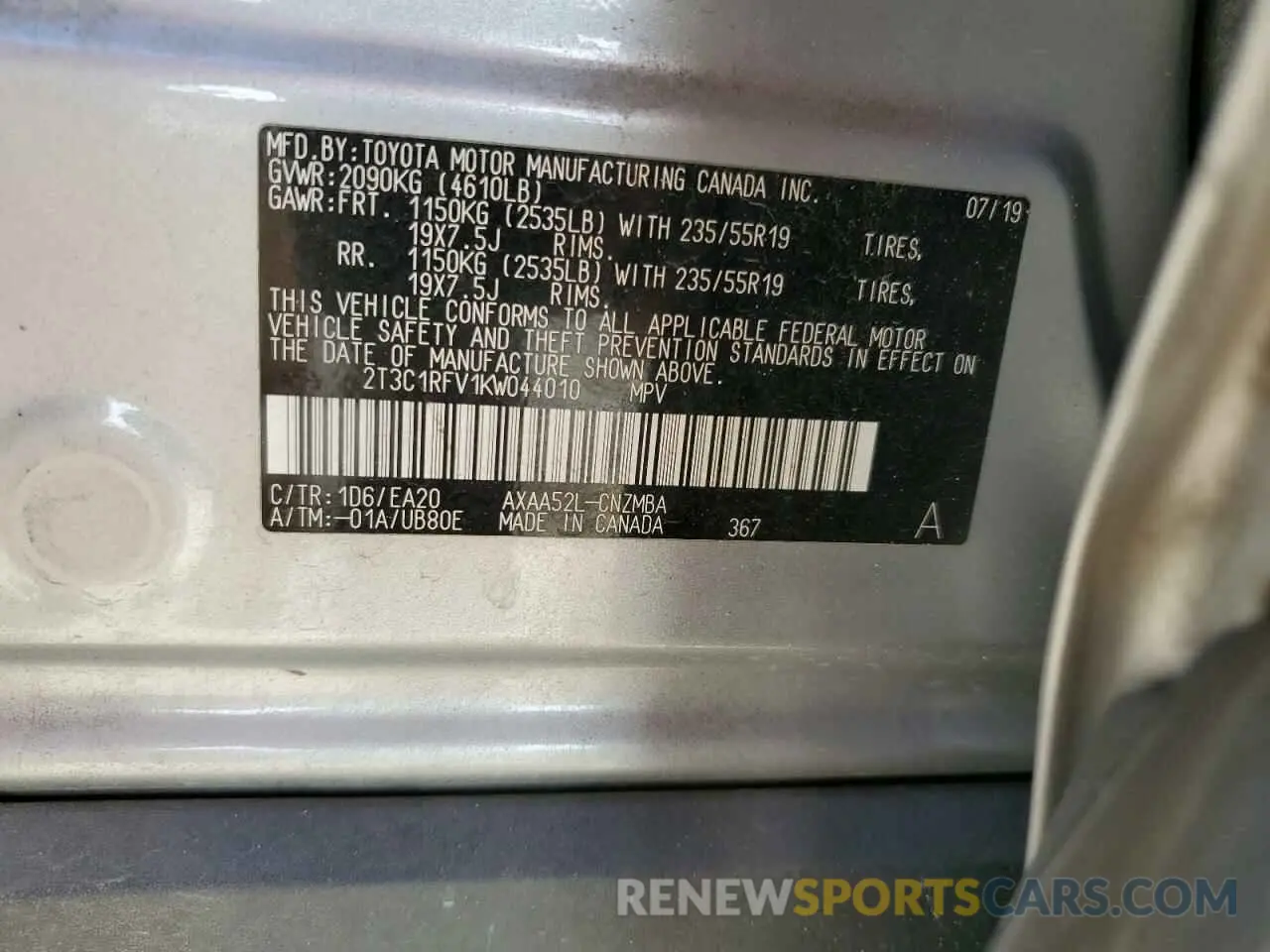 13 fotografías del automóvil dañado 2T3C1RFV1KW044010 TOYOTA RAV4 2019