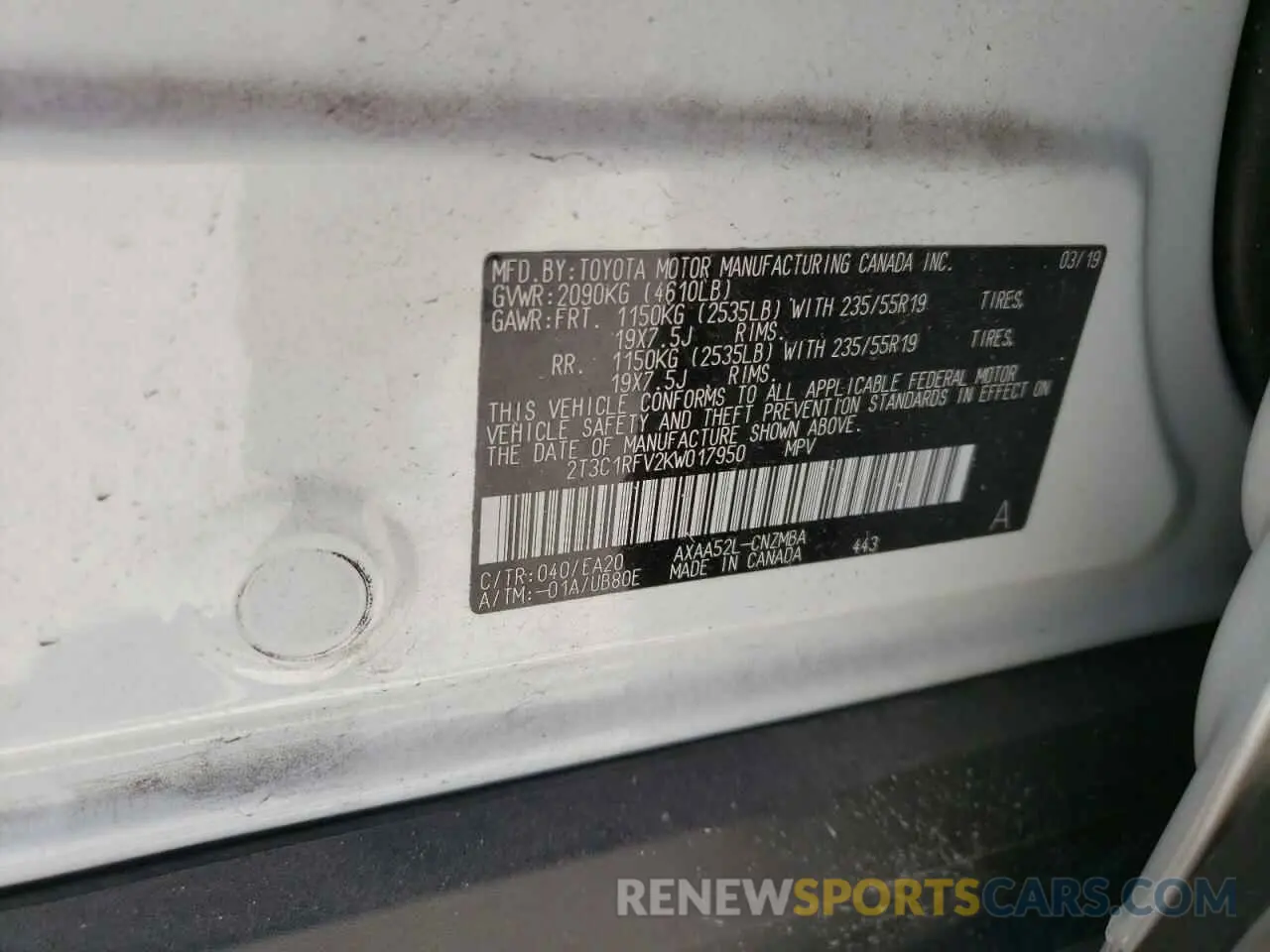 10 fotografías del automóvil dañado 2T3C1RFV2KW017950 TOYOTA RAV4 2019