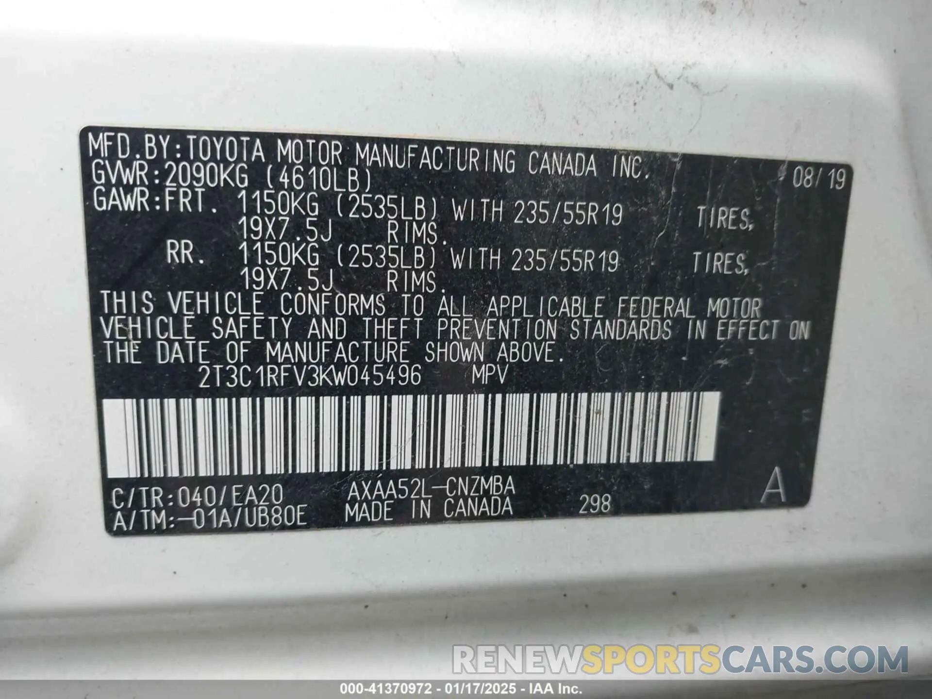 9 fotografías del automóvil dañado 2T3C1RFV3KW045496 TOYOTA RAV4 2019