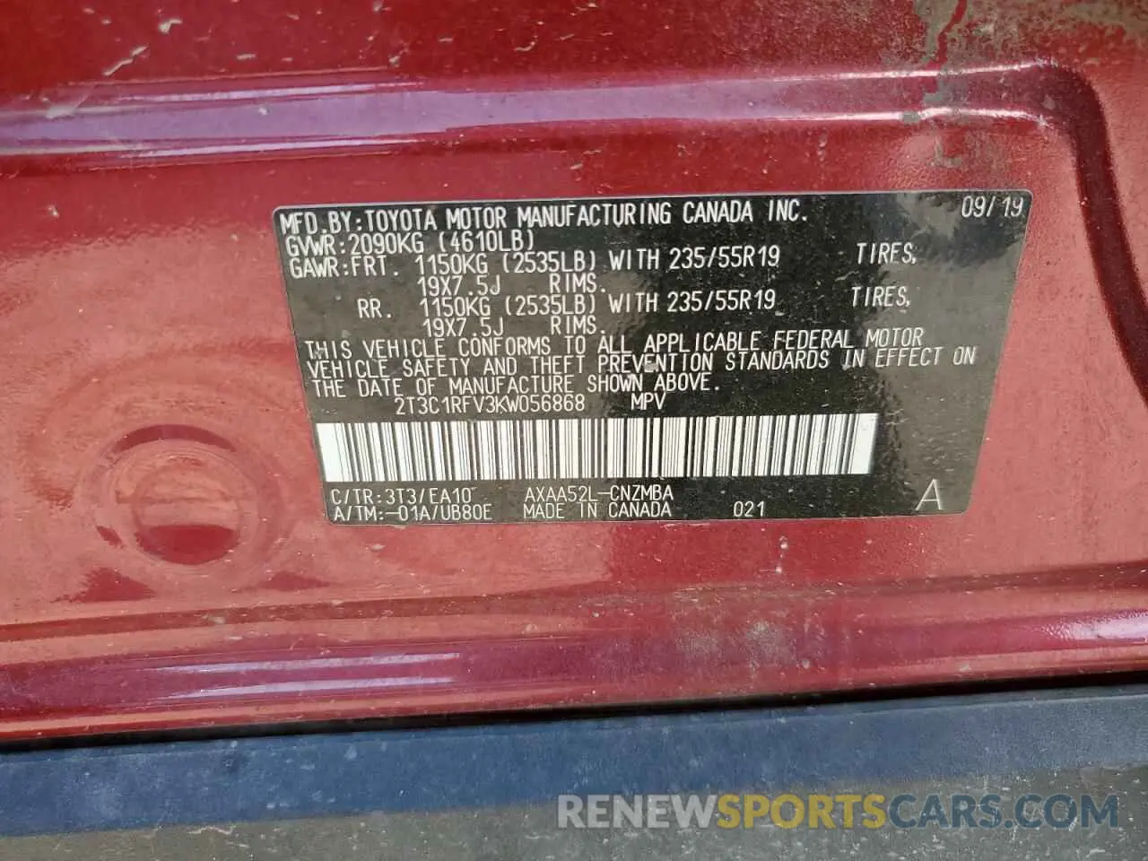 13 fotografías del automóvil dañado 2T3C1RFV3KW056868 TOYOTA RAV4 2019