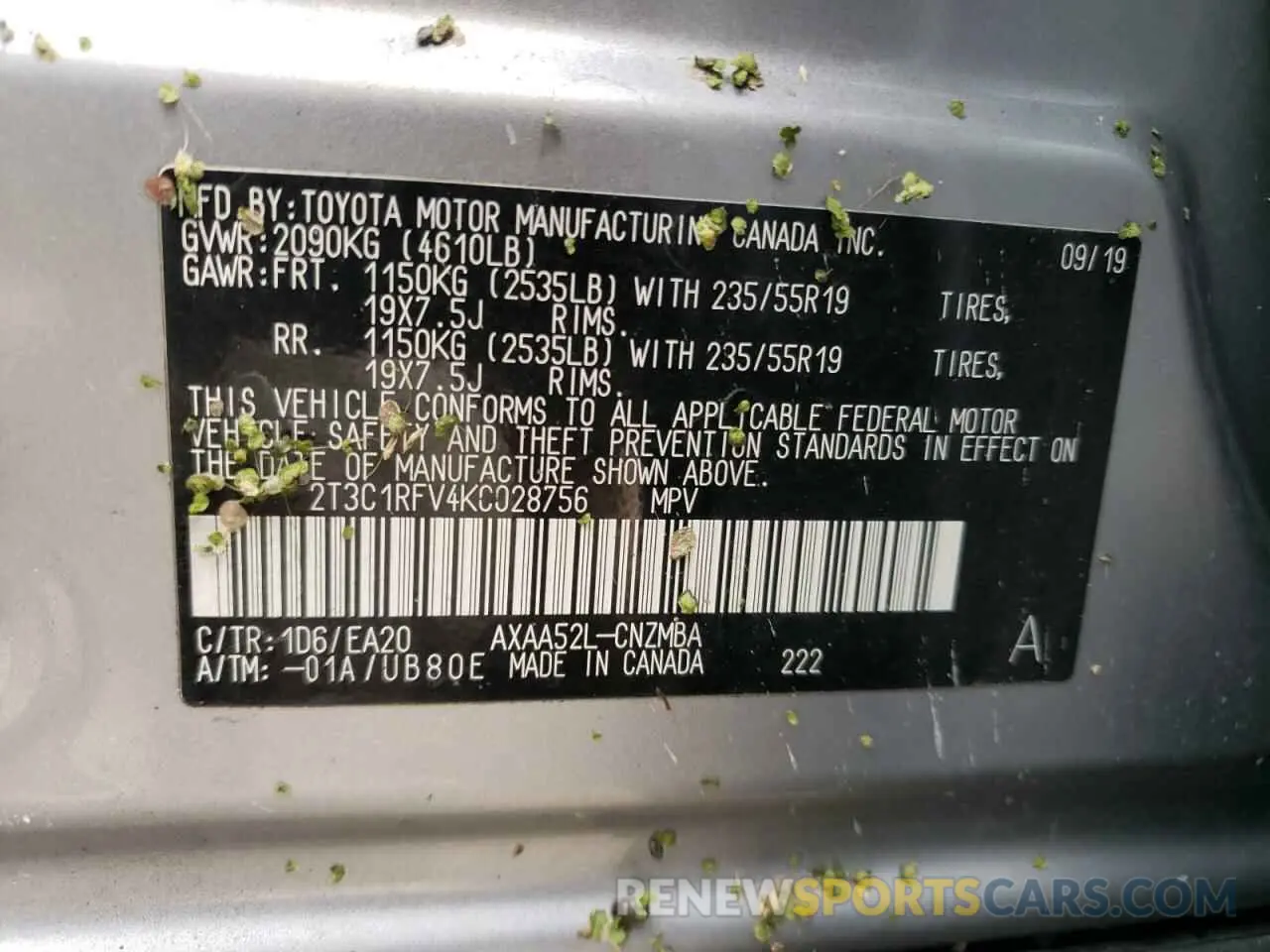 10 fotografías del automóvil dañado 2T3C1RFV4KC028756 TOYOTA RAV4 2019