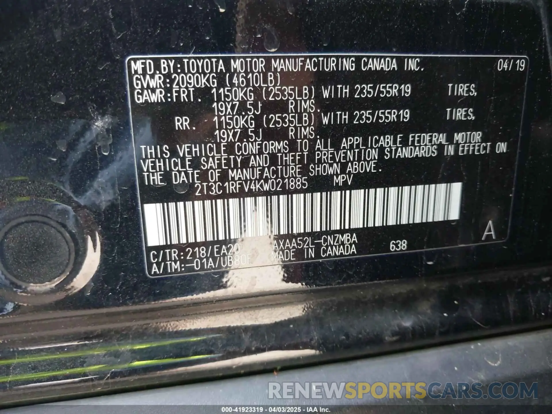 9 fotografías del automóvil dañado 2T3C1RFV4KW021885 TOYOTA RAV4 2019