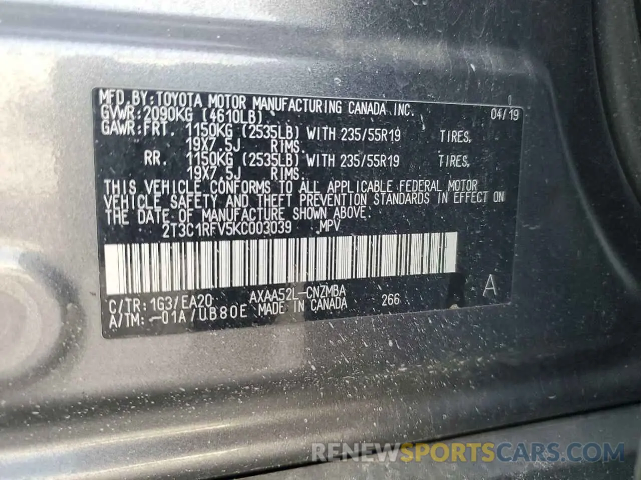 15 fotografías del automóvil dañado 2T3C1RFV5KC003039 TOYOTA RAV4 2019