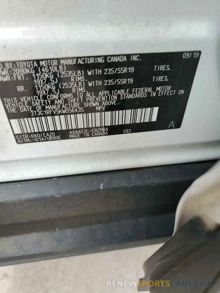 12 fotografías del automóvil dañado 2T3C1RFV5KW056435 TOYOTA RAV4 2019
