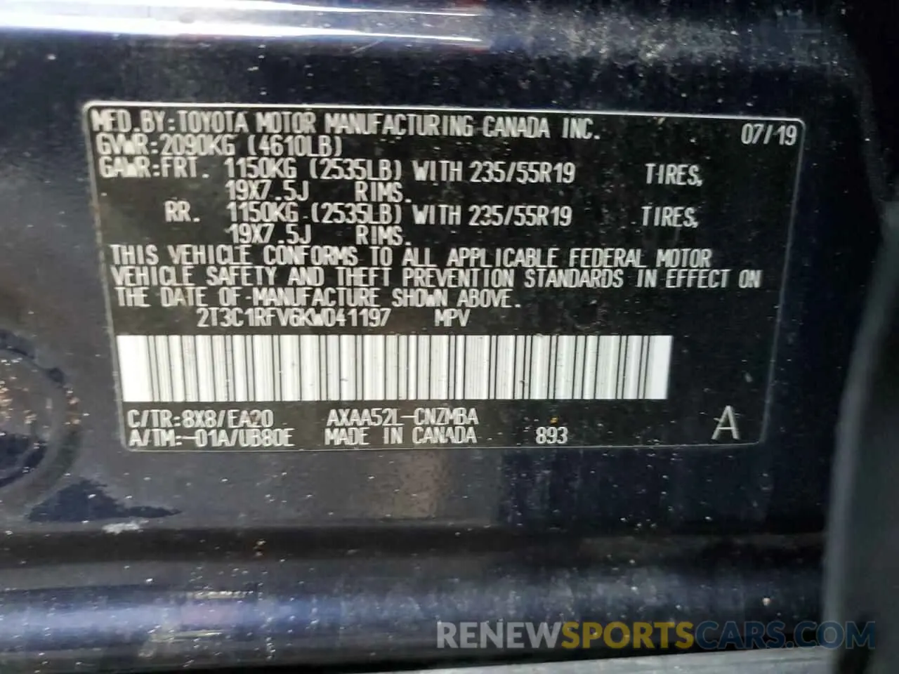 14 fotografías del automóvil dañado 2T3C1RFV6KW041197 TOYOTA RAV4 2019