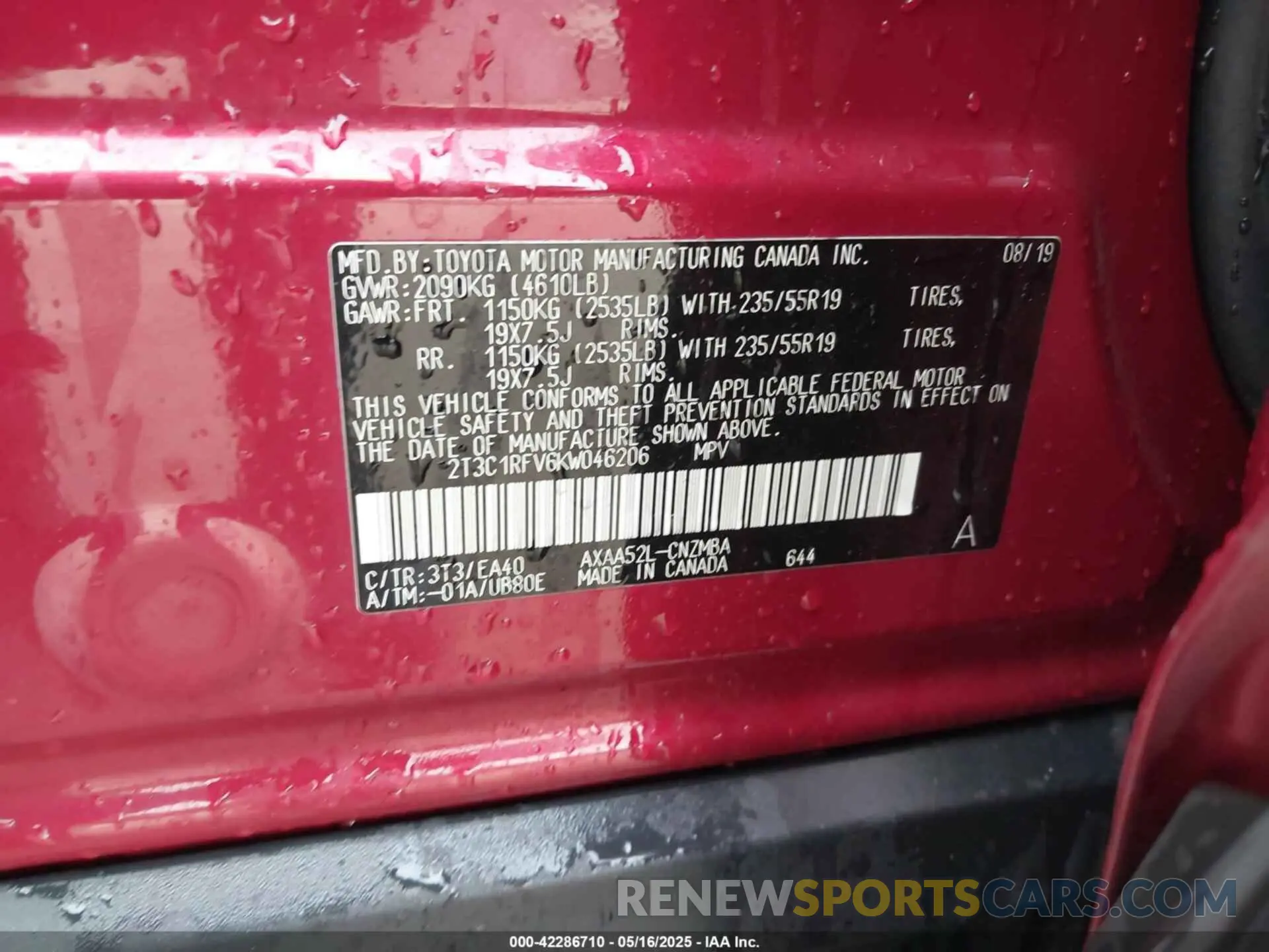 9 fotografías del automóvil dañado 2T3C1RFV6KW046206 TOYOTA RAV4 2019