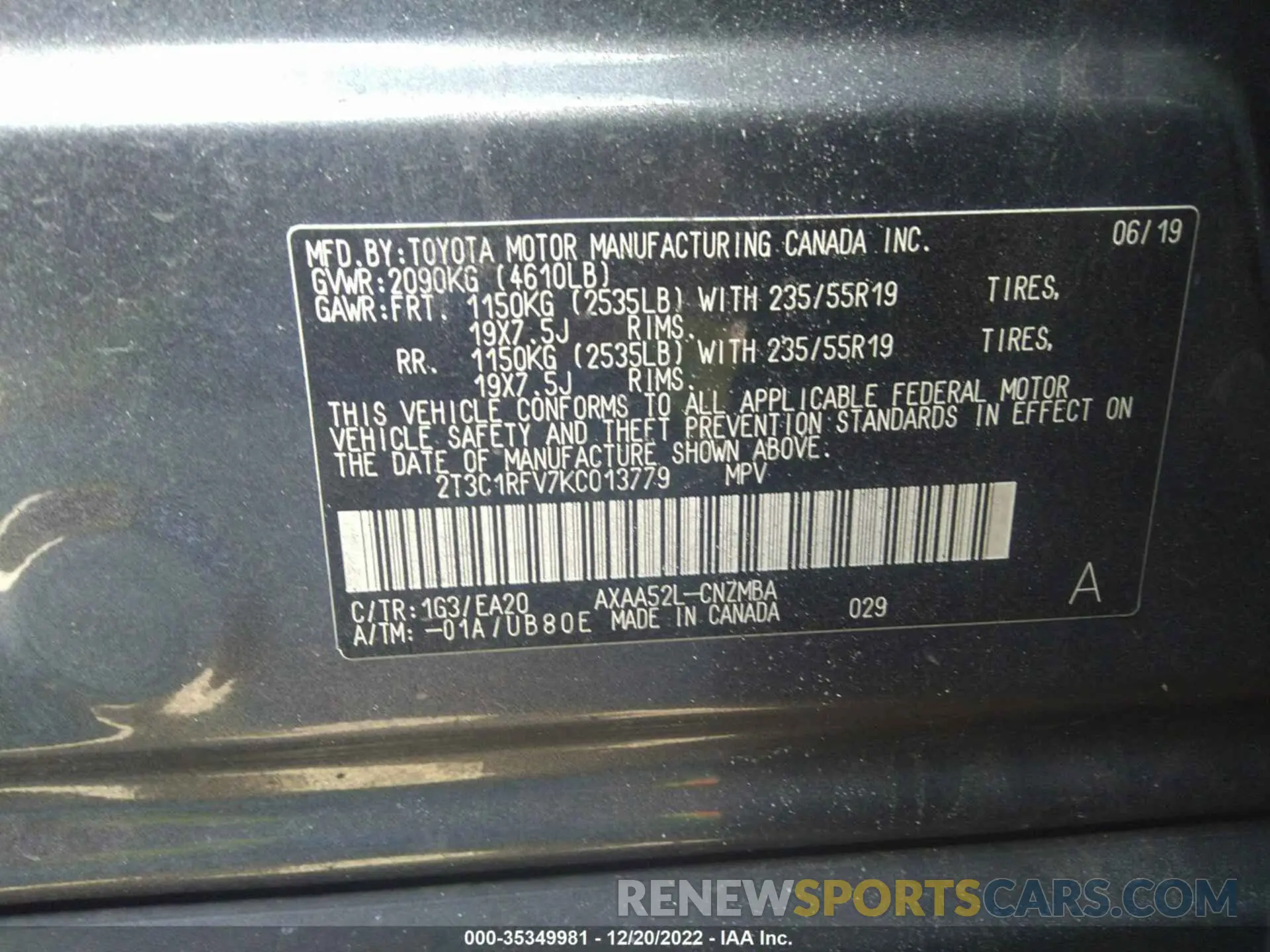 9 fotografías del automóvil dañado 2T3C1RFV7KC013779 TOYOTA RAV4 2019