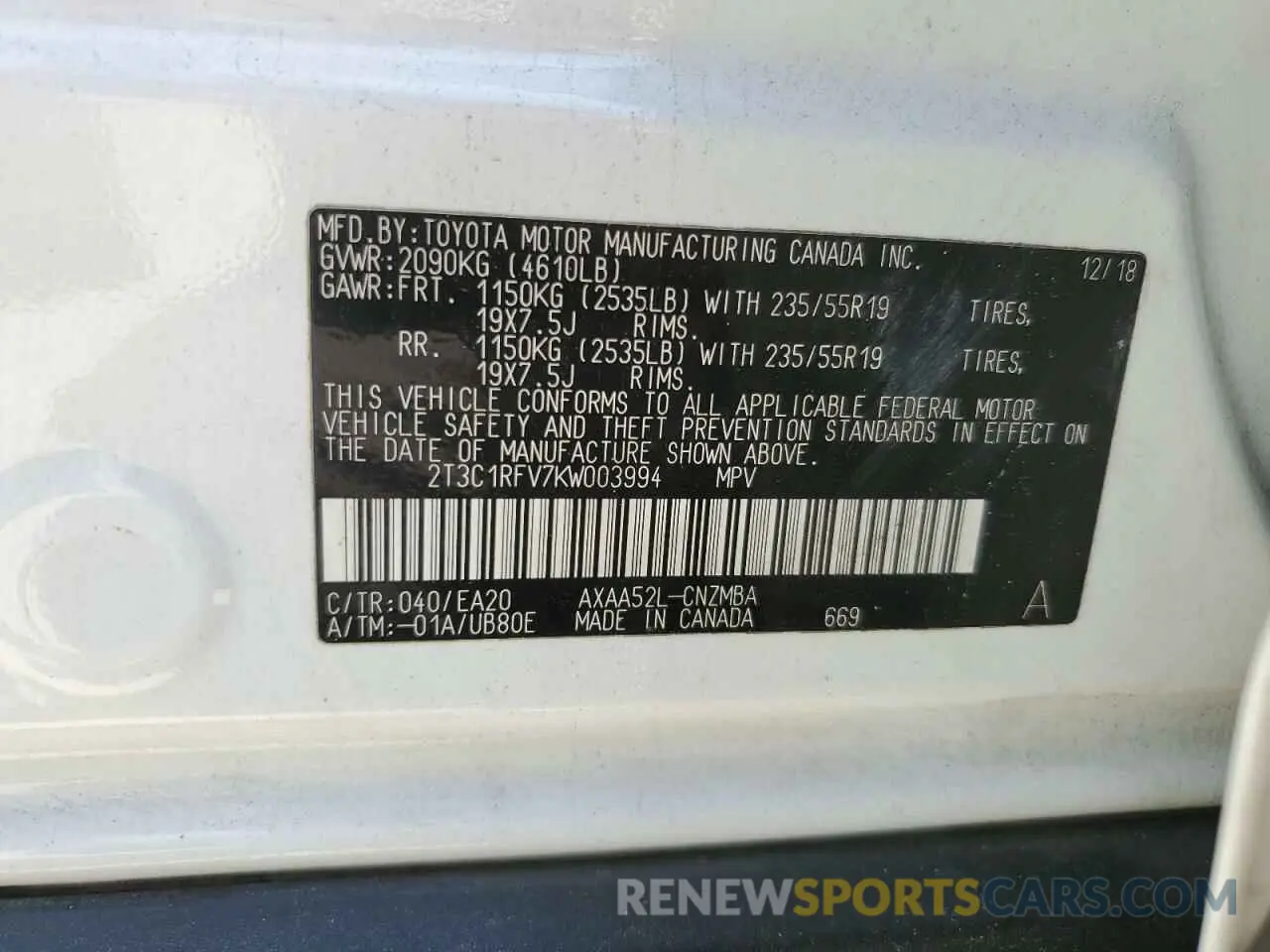 13 fotografías del automóvil dañado 2T3C1RFV7KW003994 TOYOTA RAV4 2019