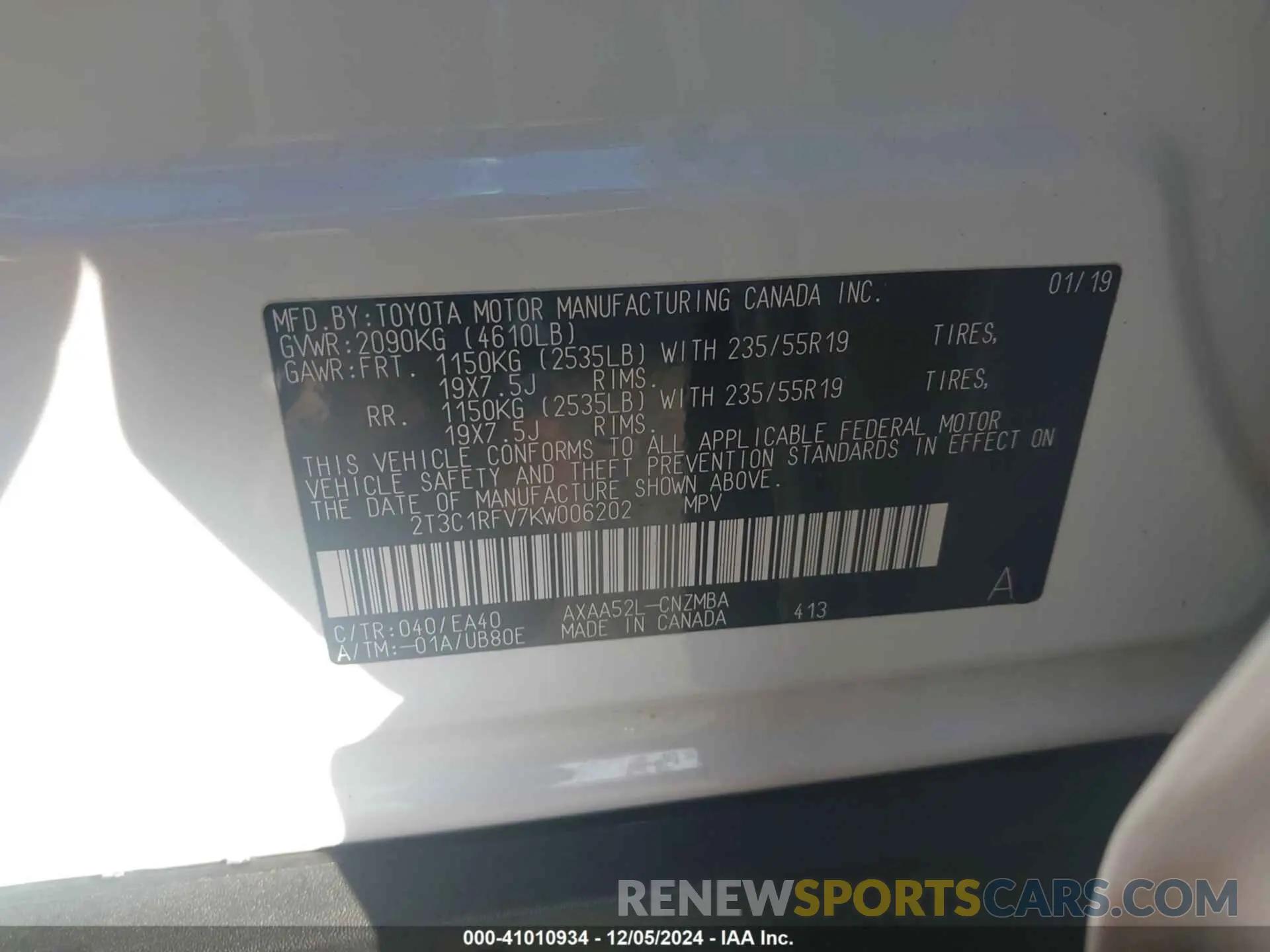 9 fotografías del automóvil dañado 2T3C1RFV7KW006202 TOYOTA RAV4 2019