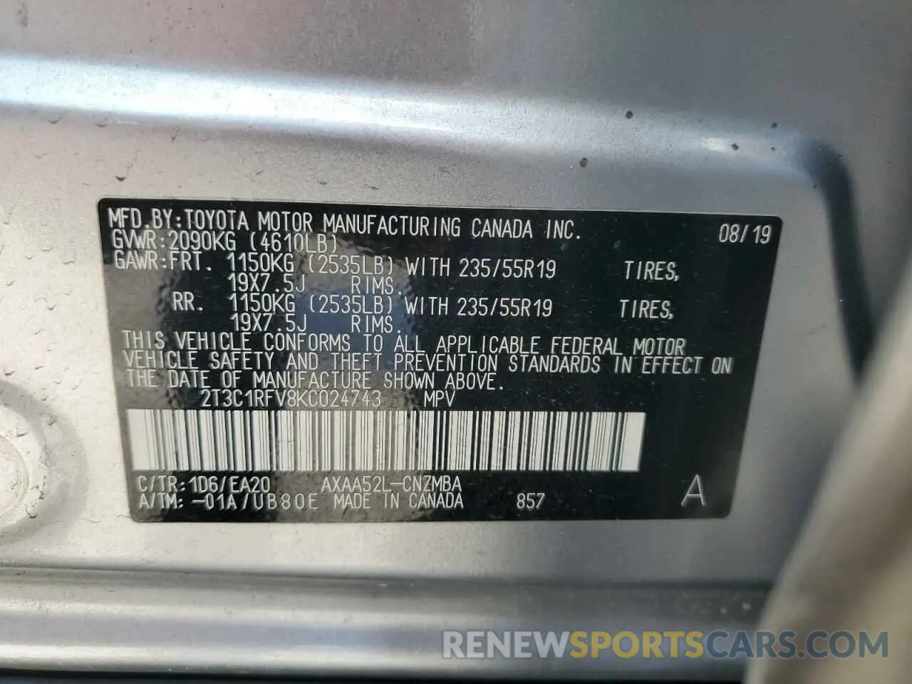 15 fotografías del automóvil dañado 2T3C1RFV8KC024743 TOYOTA RAV4 2019