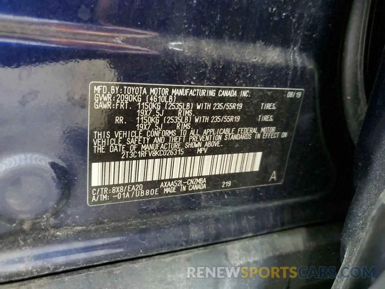 13 fotografías del automóvil dañado 2T3C1RFV8KC026315 TOYOTA RAV4 2019