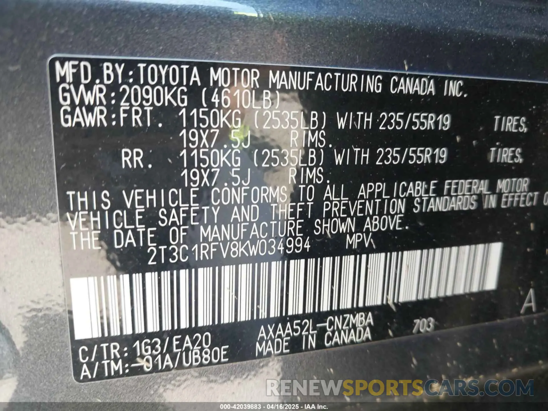 9 fotografías del automóvil dañado 2T3C1RFV8KW034994 TOYOTA RAV4 2019