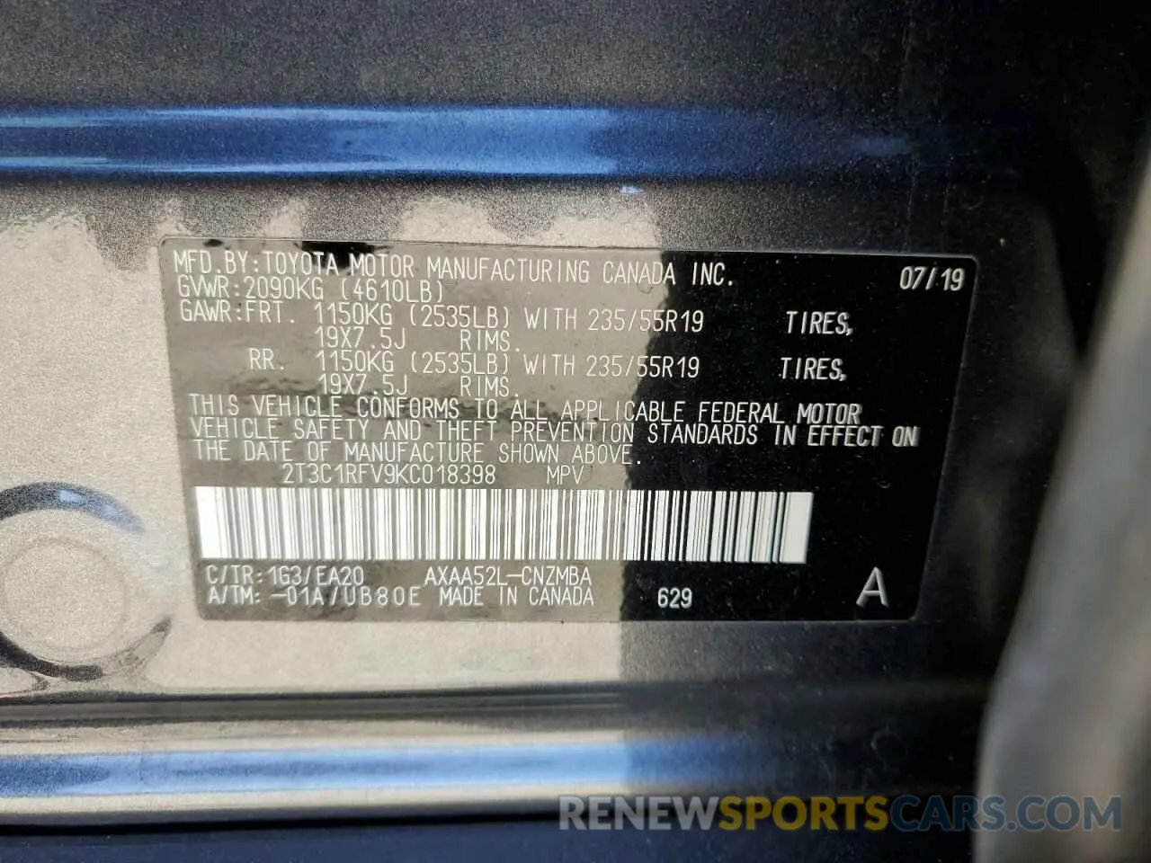 14 fotografías del automóvil dañado 2T3C1RFV9KC018398 TOYOTA RAV4 2019