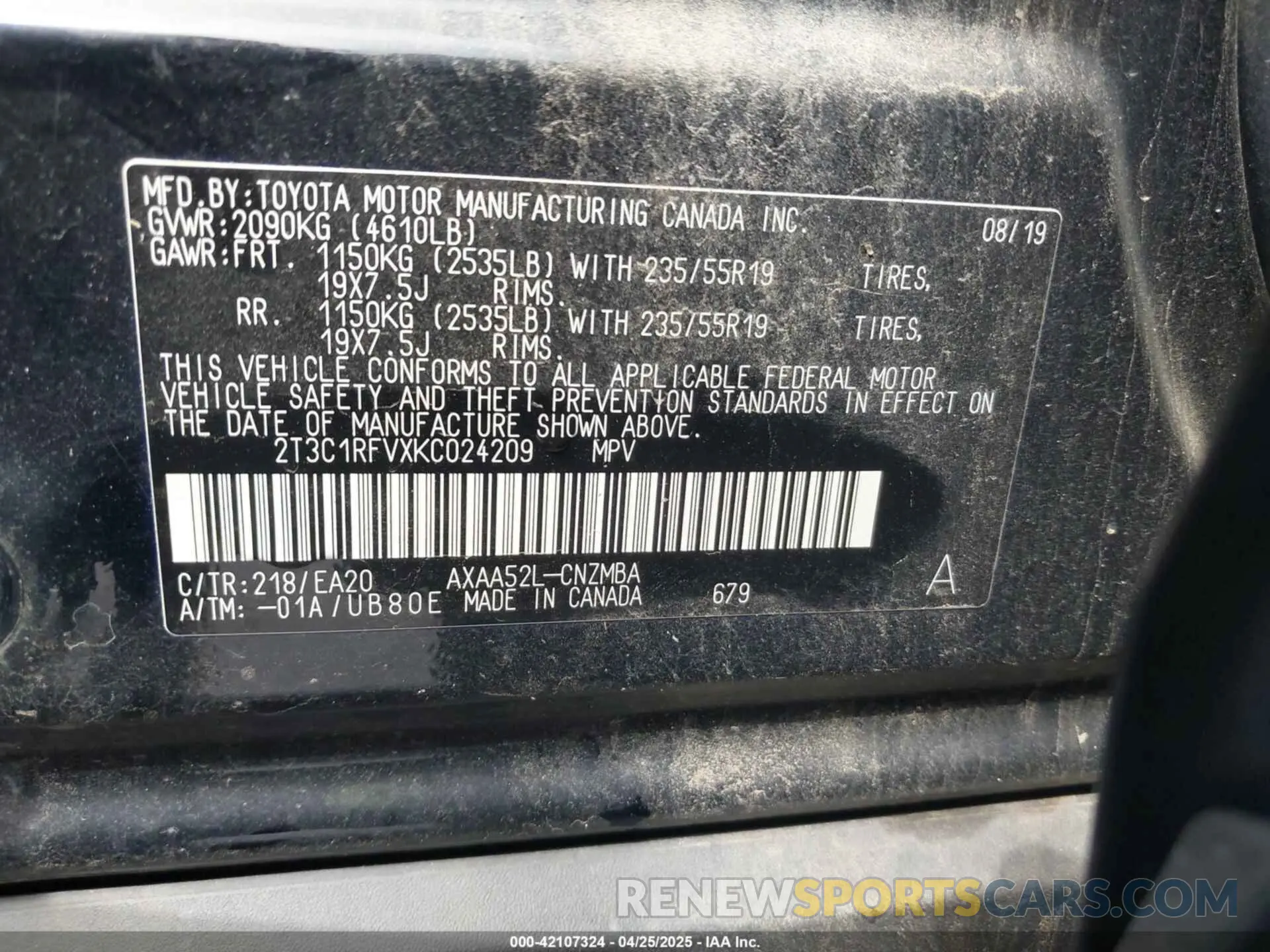 9 fotografías del automóvil dañado 2T3C1RFVXKC024209 TOYOTA RAV4 2019