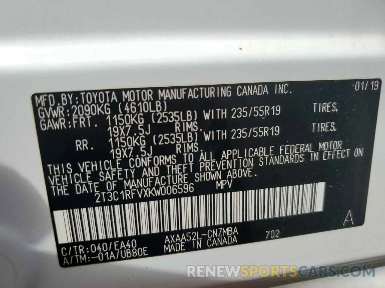 14 fotografías del automóvil dañado 2T3C1RFVXKW006596 TOYOTA RAV4 2019