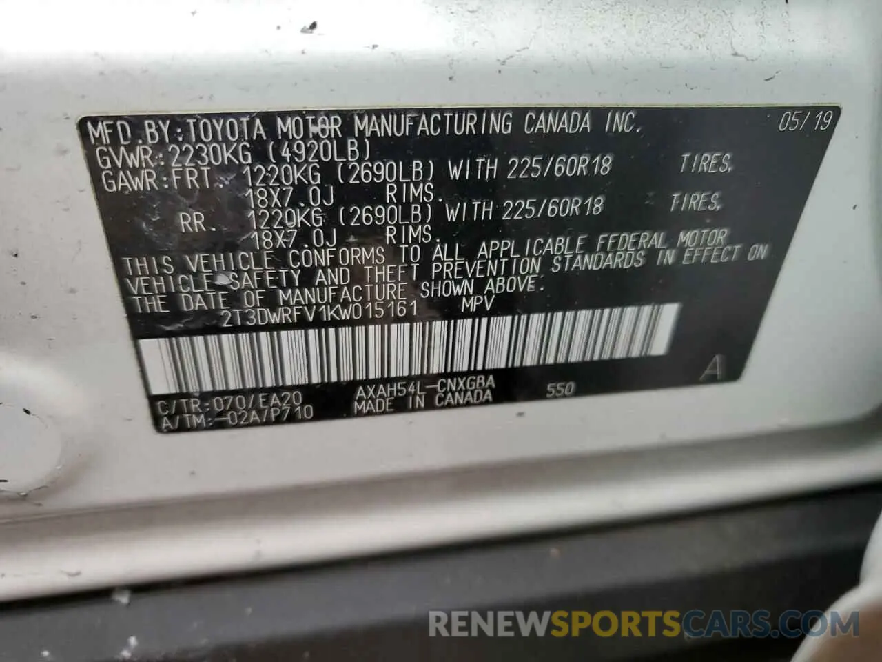 12 fotografías del automóvil dañado 2T3DWRFV1KW015161 TOYOTA RAV4 2019