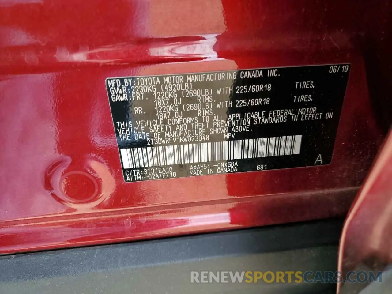13 fotografías del automóvil dañado 2T3DWRFV1KW023048 TOYOTA RAV4 2019