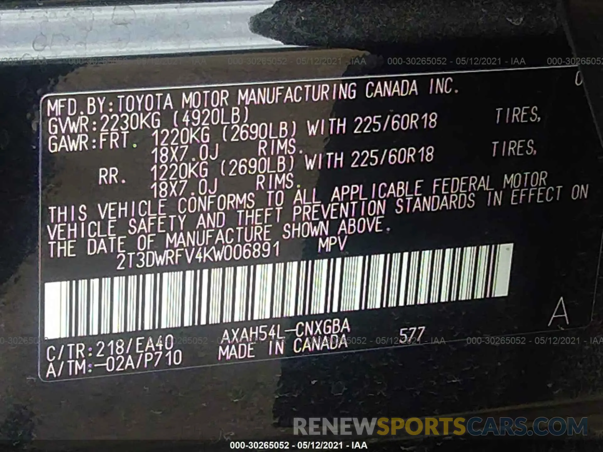 9 fotografías del automóvil dañado 2T3DWRFV4KW006891 TOYOTA RAV4 2019