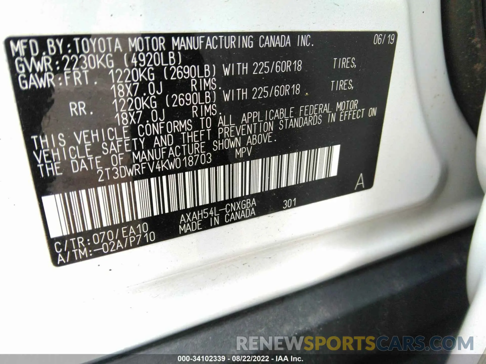 9 fotografías del automóvil dañado 2T3DWRFV4KW018703 TOYOTA RAV4 2019