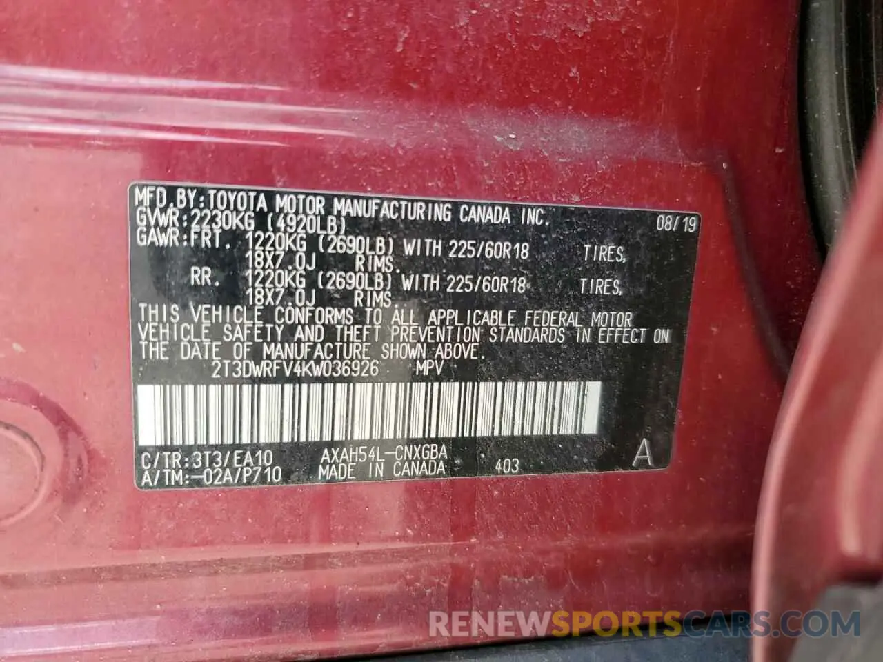 13 fotografías del automóvil dañado 2T3DWRFV4KW036926 TOYOTA RAV4 2019