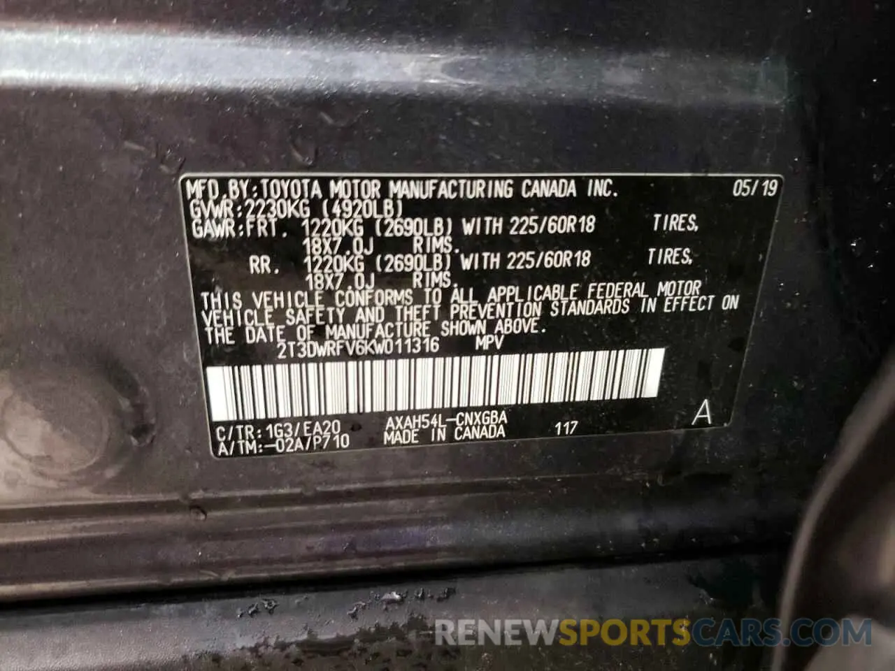 10 fotografías del automóvil dañado 2T3DWRFV6KW011316 TOYOTA RAV4 2019