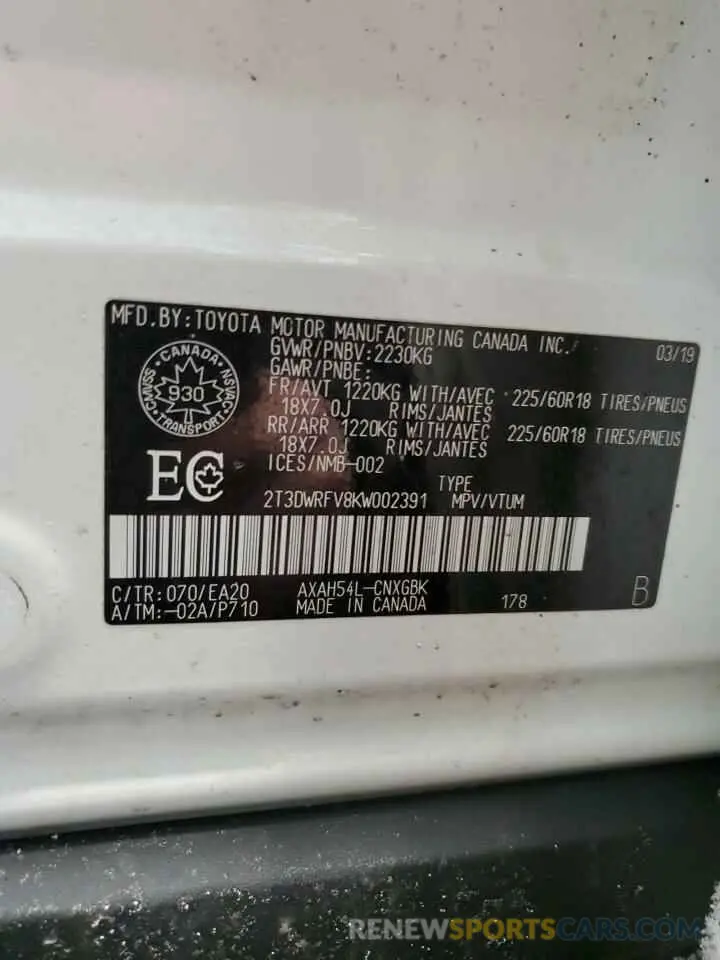 14 fotografías del automóvil dañado 2T3DWRFV8KW002391 TOYOTA RAV4 2019