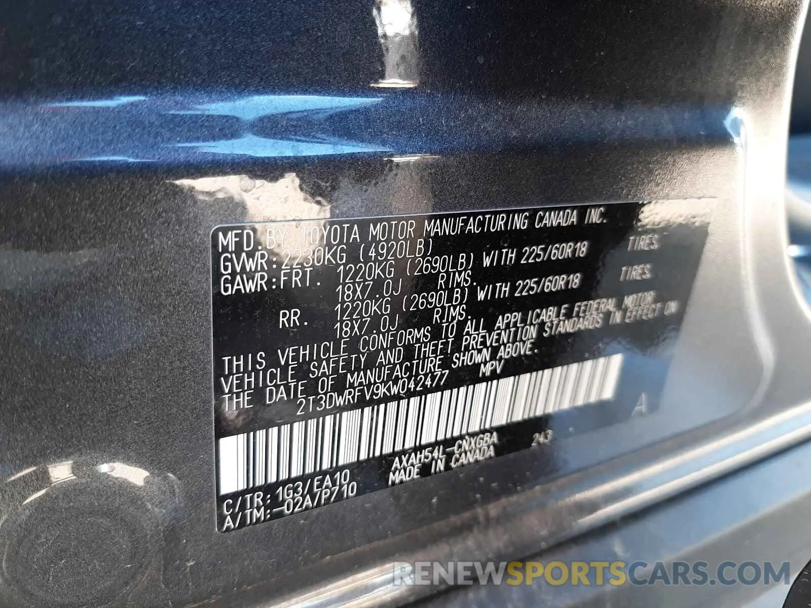 10 fotografías del automóvil dañado 2T3DWRFV9KW042477 TOYOTA RAV4 2019