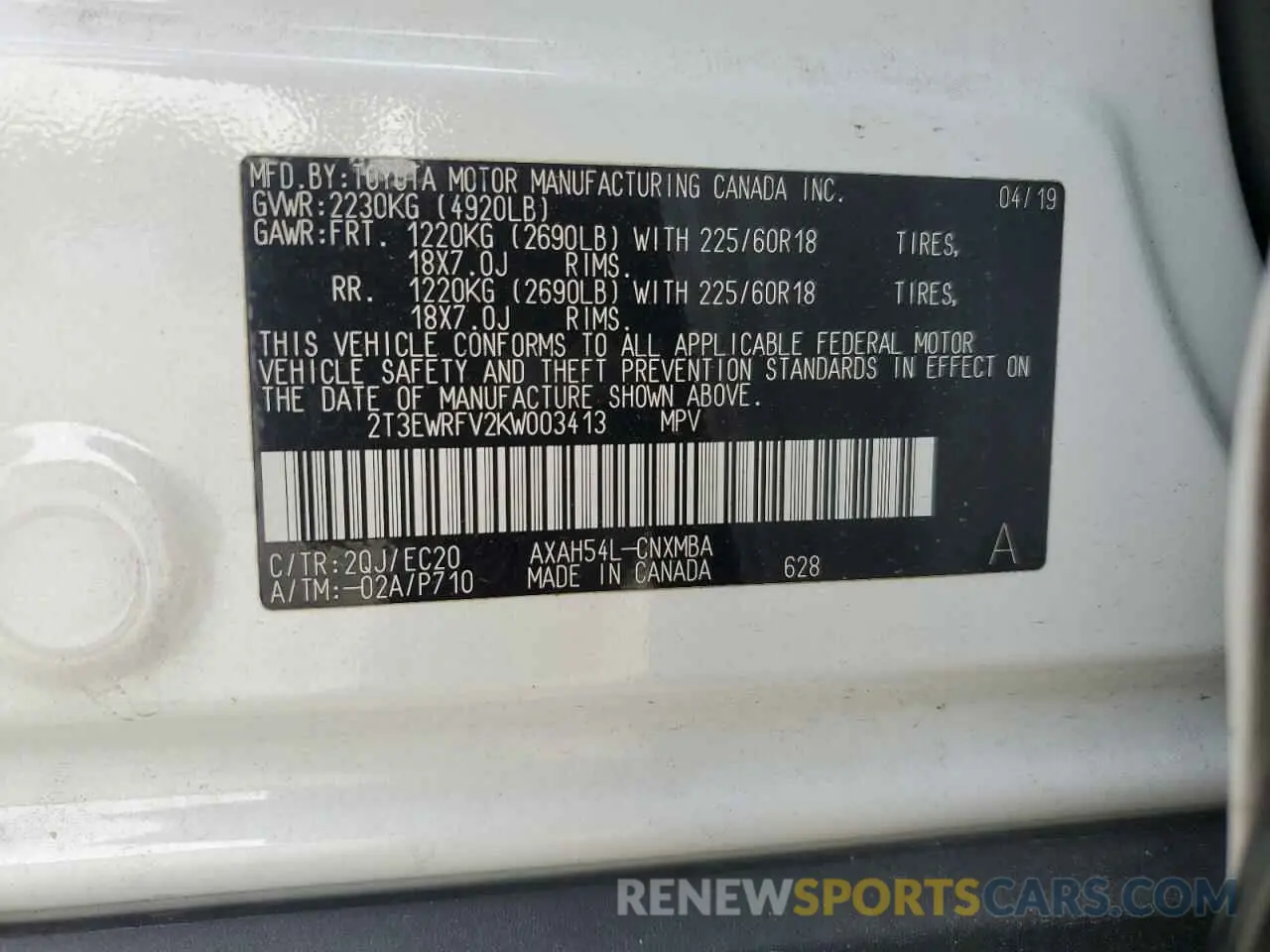 13 fotografías del automóvil dañado 2T3EWRFV2KW003413 TOYOTA RAV4 2019